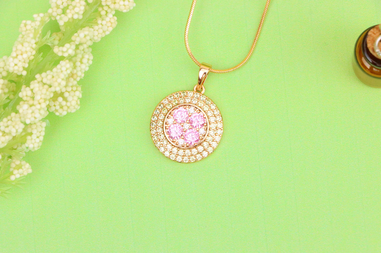 Round Pink & Yellow CZ Pendant in Gold Finish – Elegant Floral Look, XPPT1858 (2157-1)