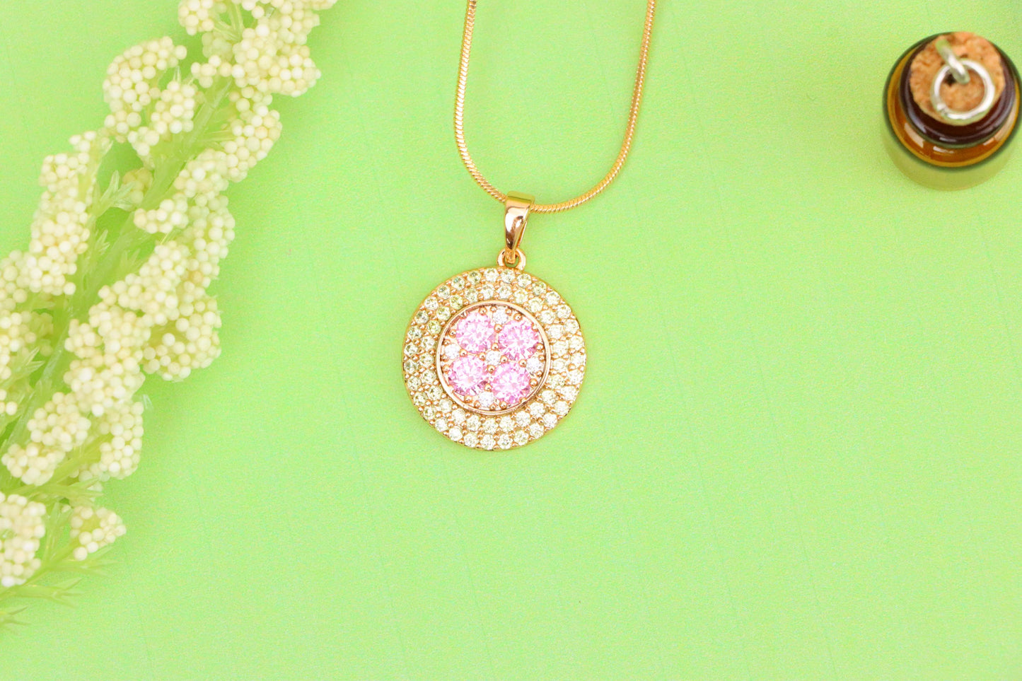 Round Pink & Yellow CZ Pendant in Gold Finish – Elegant Floral Look, XPPT1858 (2157-1)