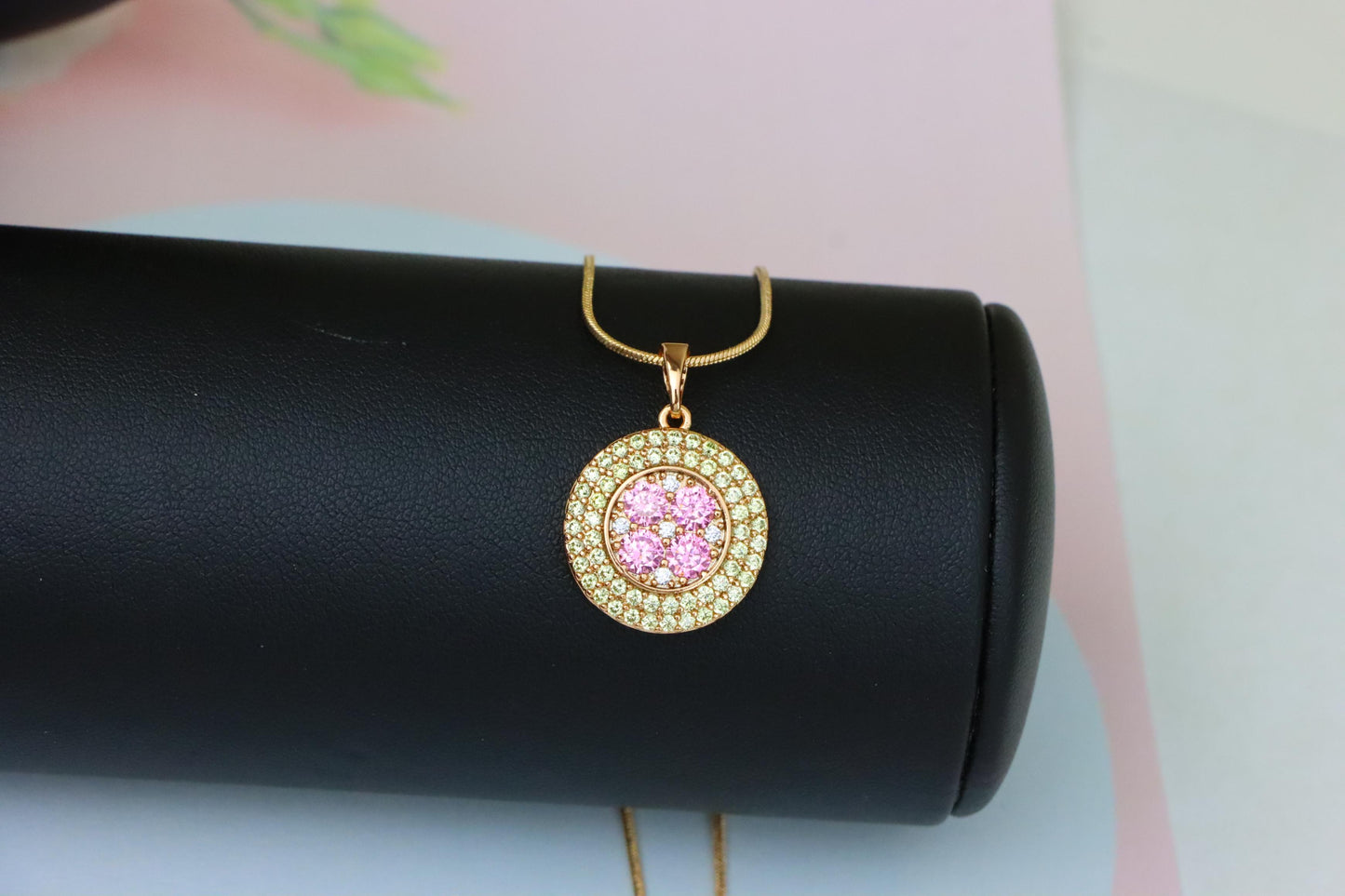 Round Pink & Yellow CZ Pendant in Gold Finish – Elegant Floral Look, XPPT1858 (2157-1)