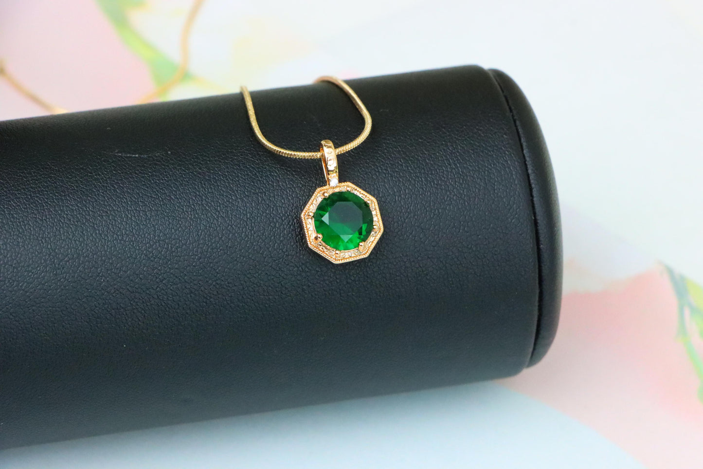 Elegant Green Gem Pendant in Rose Gold Octagon Frame, XPPT1388 (2134-2)