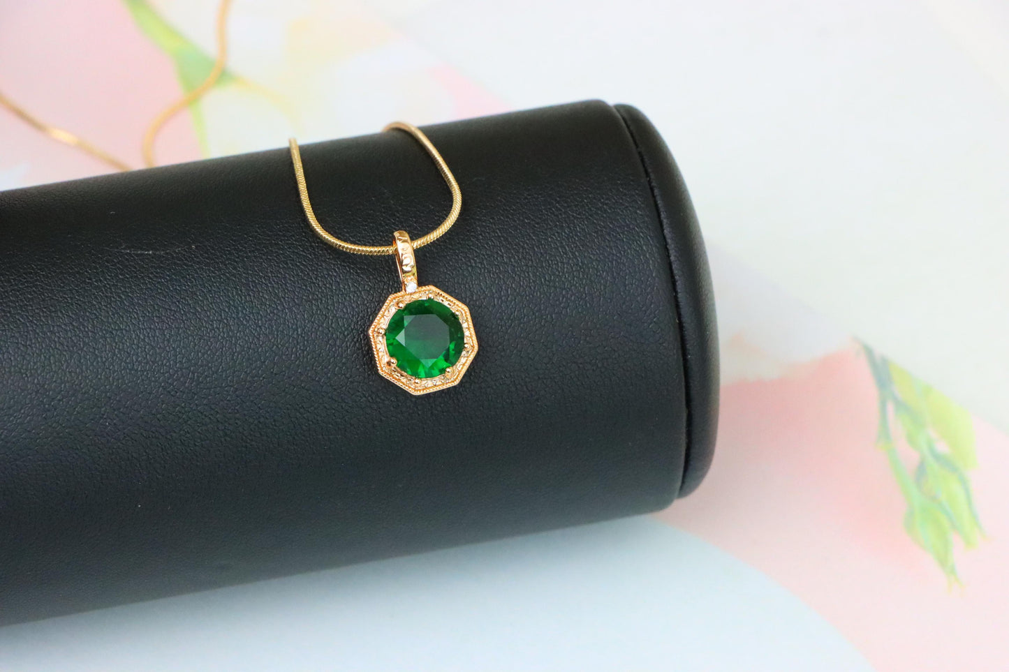 Elegant Green Gem Pendant in Rose Gold Octagon Frame, XPPT1388 (2134-2)