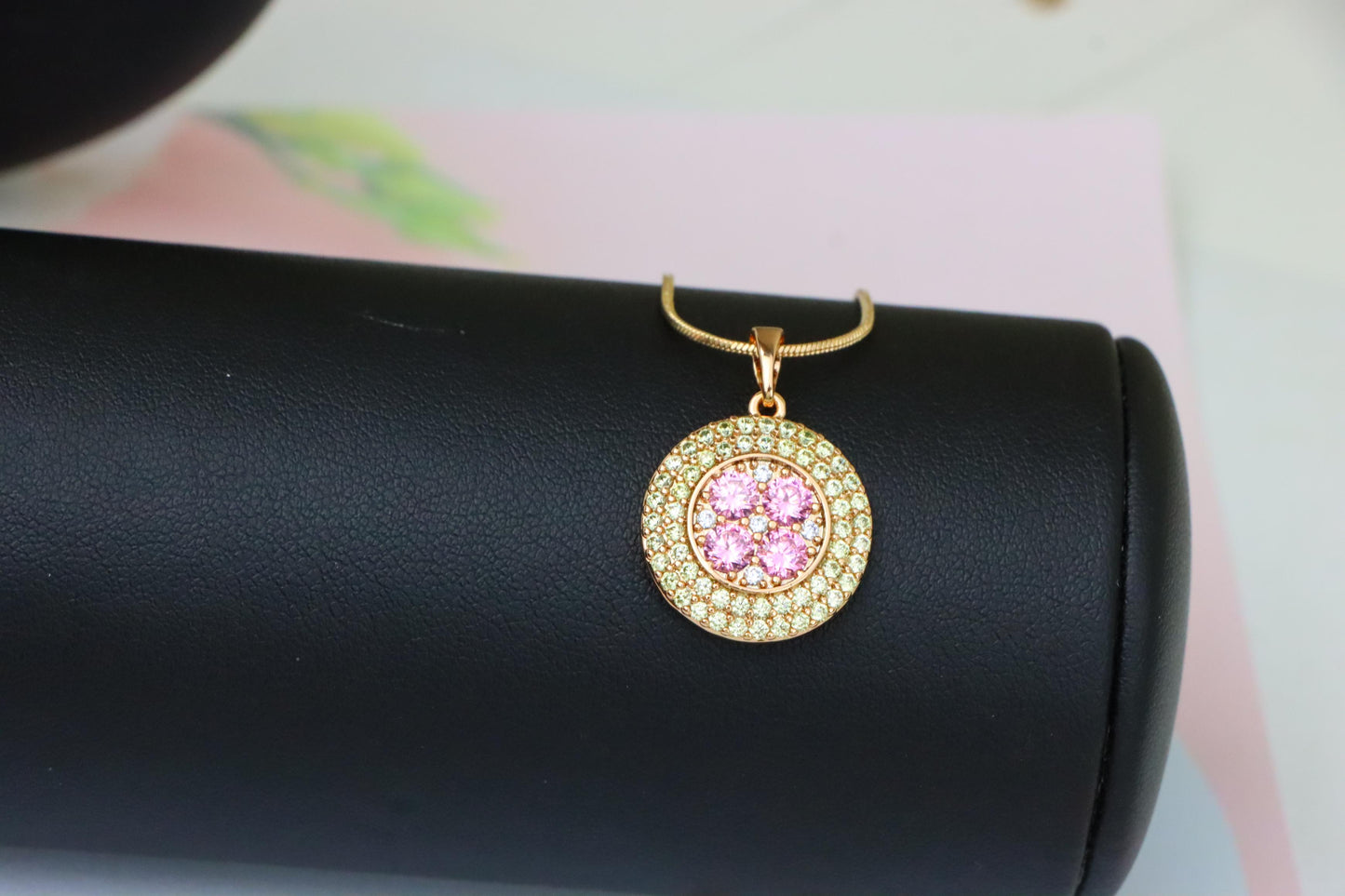 Round Pink & Yellow CZ Pendant in Gold Finish – Elegant Floral Look, XPPT1858 (2157-1)