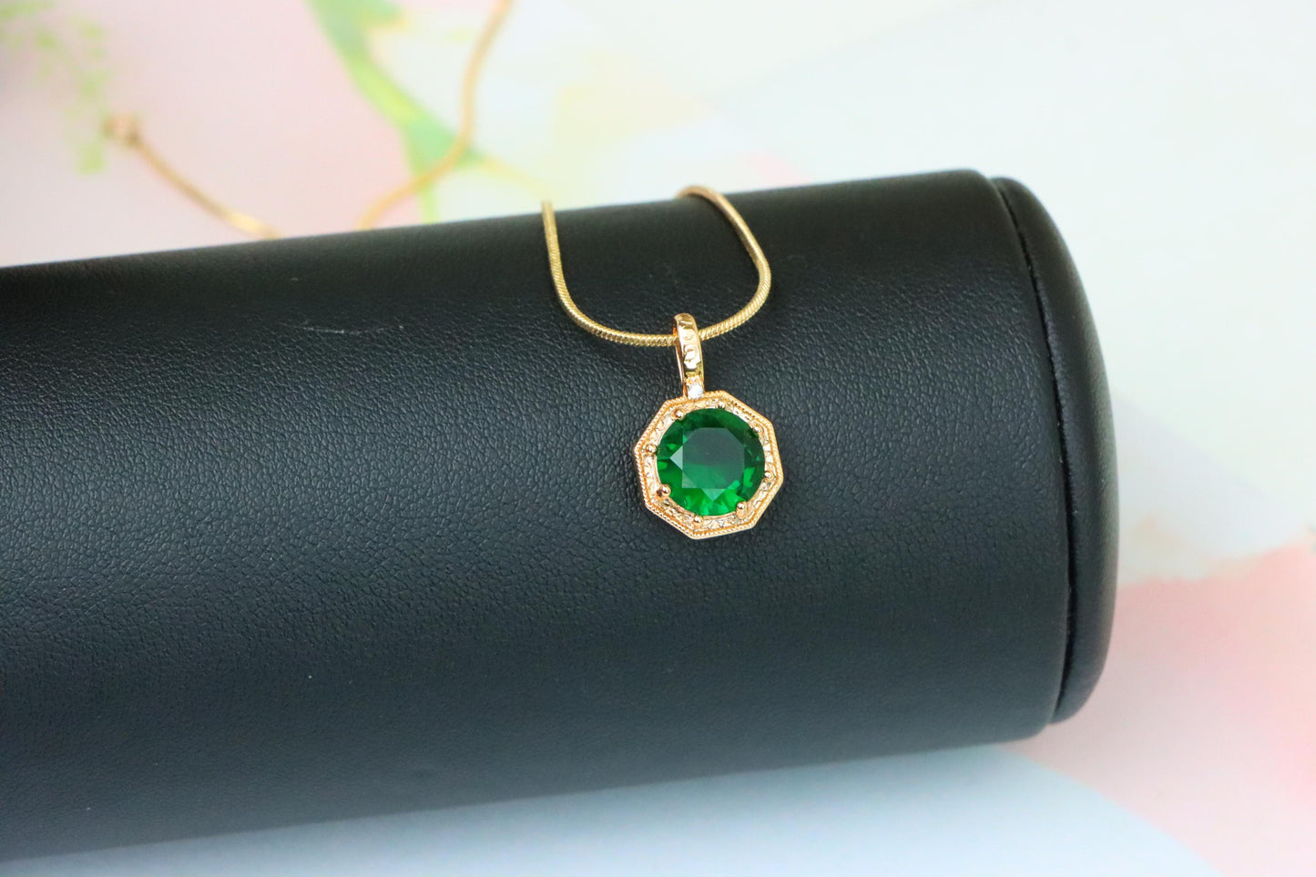 Elegant Green Gem Pendant in Rose Gold Octagon Frame, XPPT1388 (2134-2)