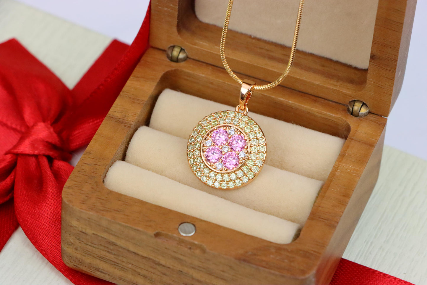 Round Pink & Yellow CZ Pendant in Gold Finish – Elegant Floral Look, XPPT1858 (2157-1)
