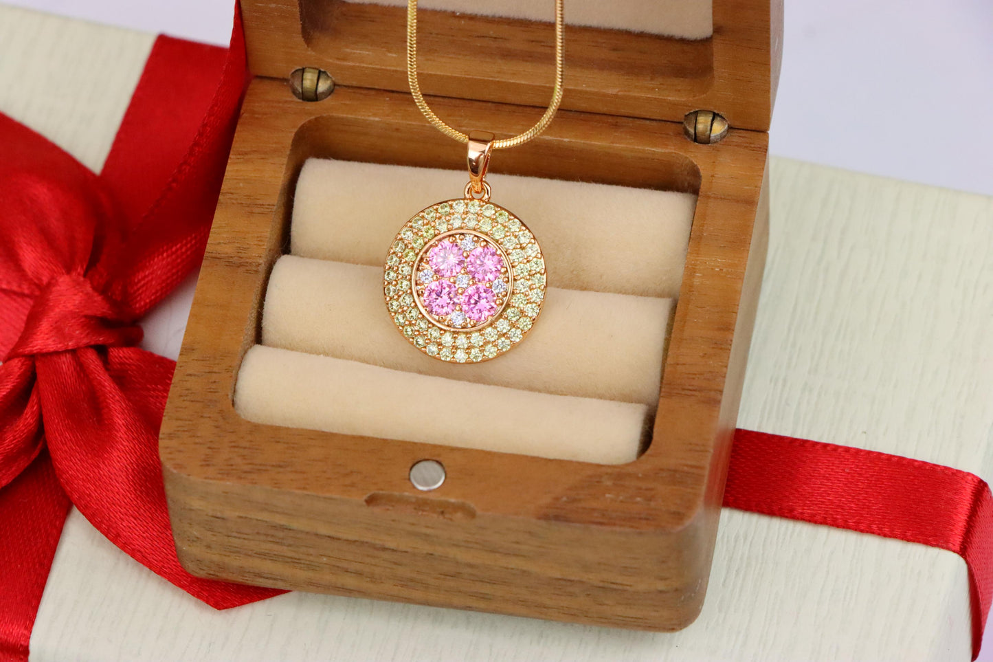 Round Pink & Yellow CZ Pendant in Gold Finish – Elegant Floral Look, XPPT1858 (2157-1)