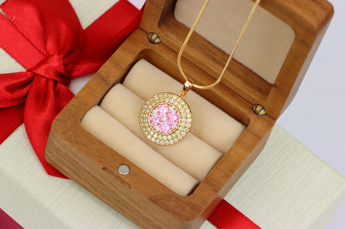 Round Pink & Yellow CZ Pendant in Gold Finish – Elegant Floral Look, XPPT1858 (2157-1)