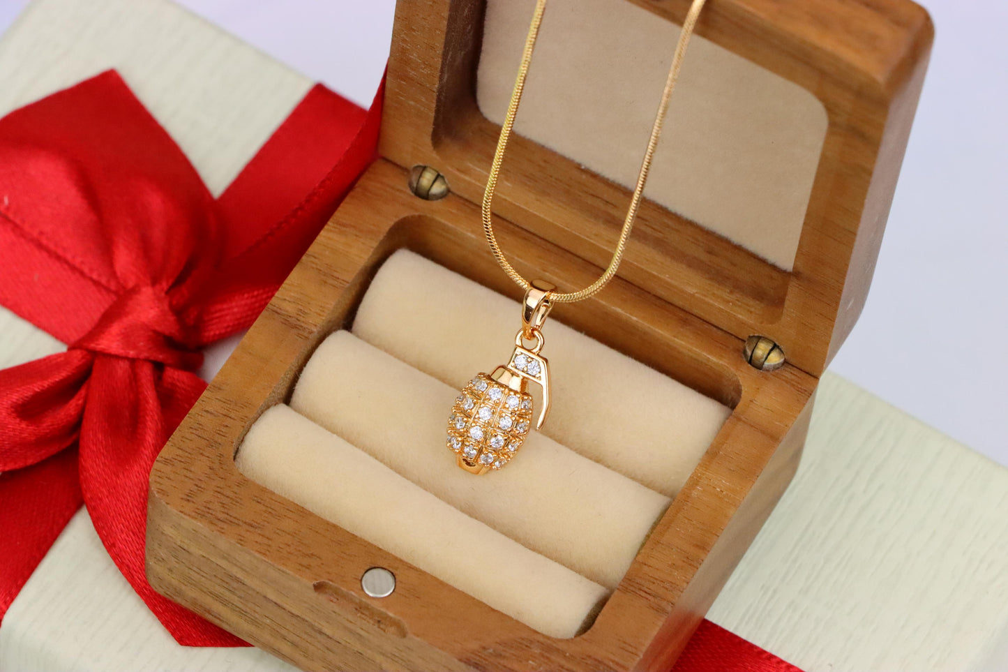 Crystal Studded Rose Gold Grenade Pendant in Miniature Design, XPPT1860 (2157-3)