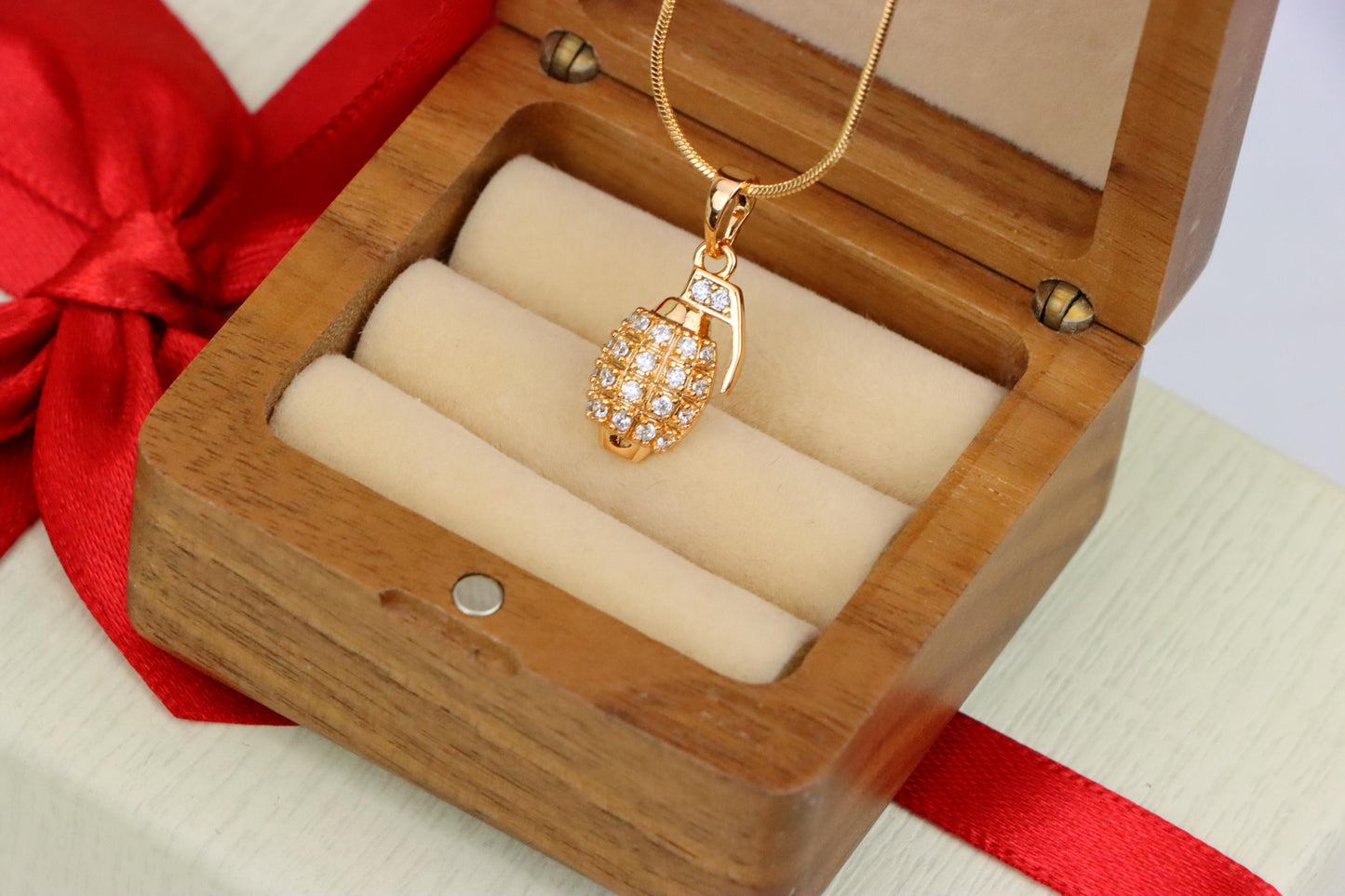Crystal Studded Rose Gold Grenade Pendant in Miniature Design, XPPT1860 (2157-3)