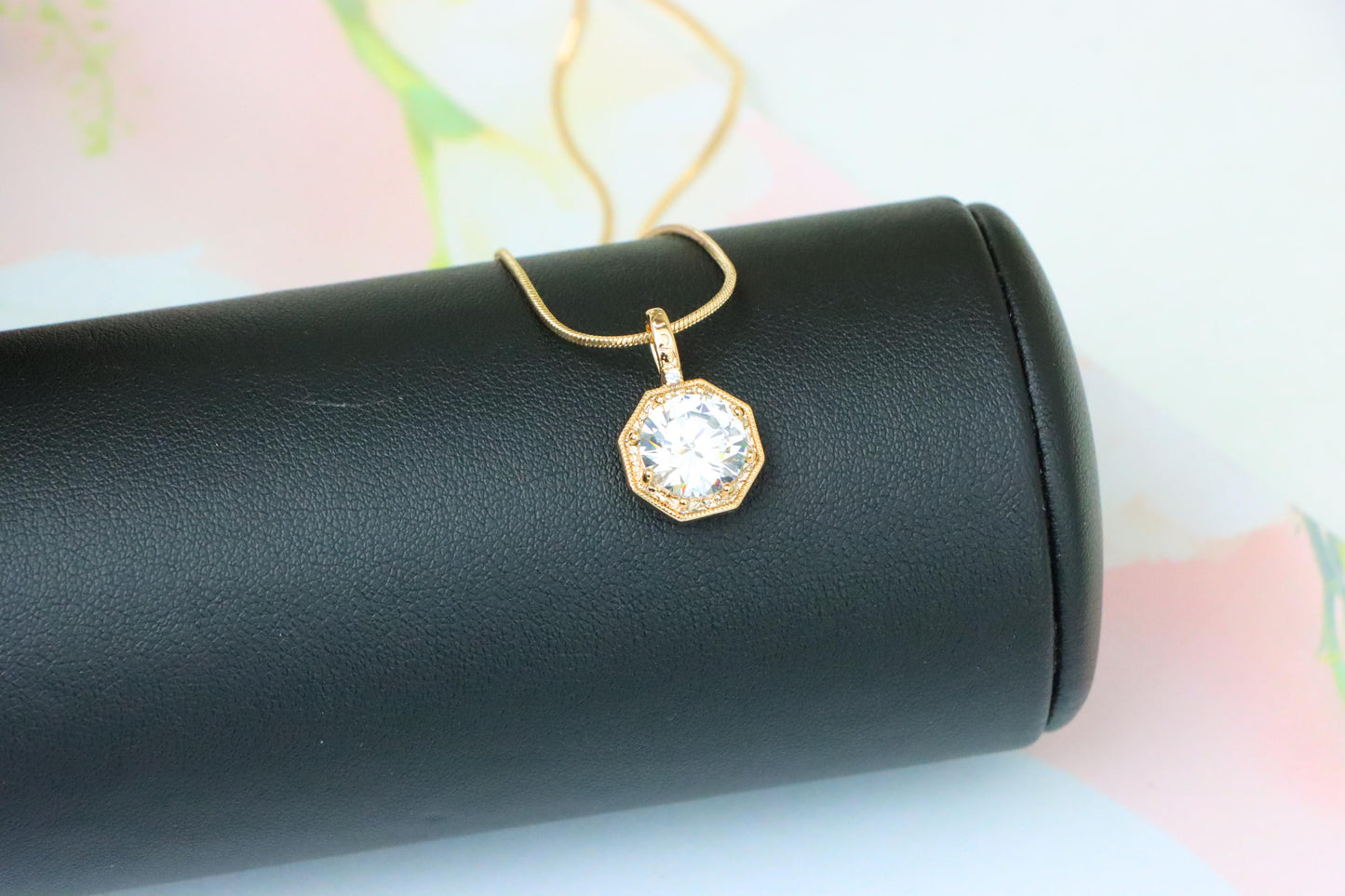 Gold-Plated White Pendant Necklace with Sparkling Center Stone, XPPT1393 (2134-2)