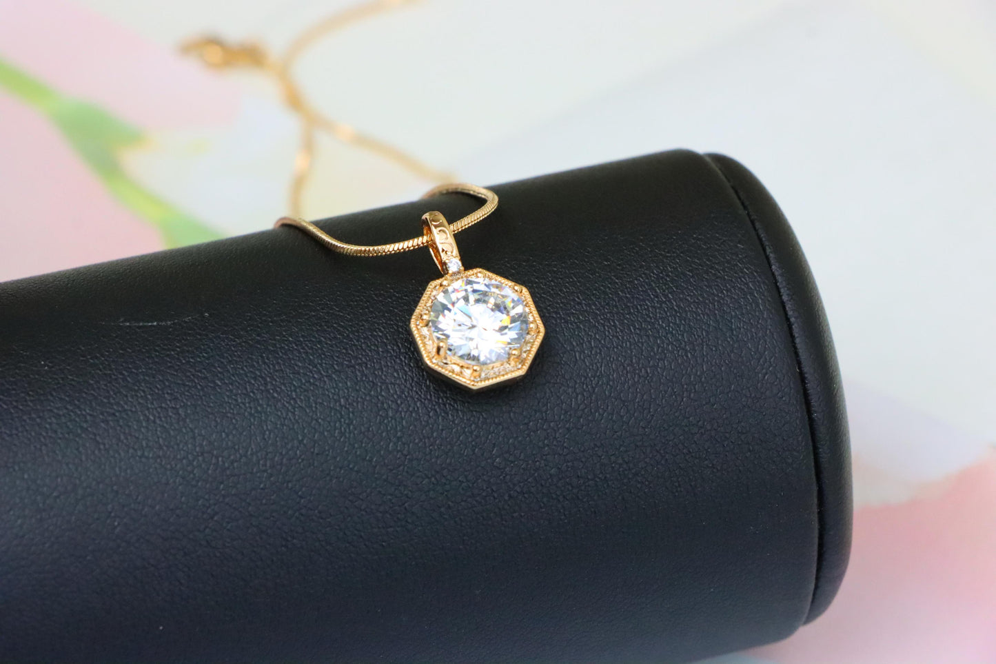 Gold-Plated White Pendant Necklace with Sparkling Center Stone, XPPT1393 (2134-2)