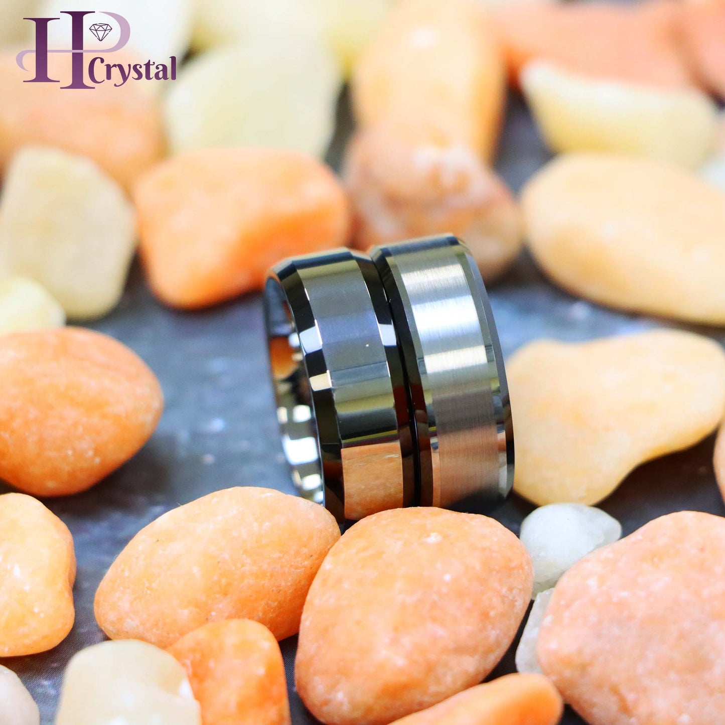 Flat High Polish with Black IP Plated Beveled Edge Tungsten Ring Brushed Center Beveled Edge Tungsten Ring