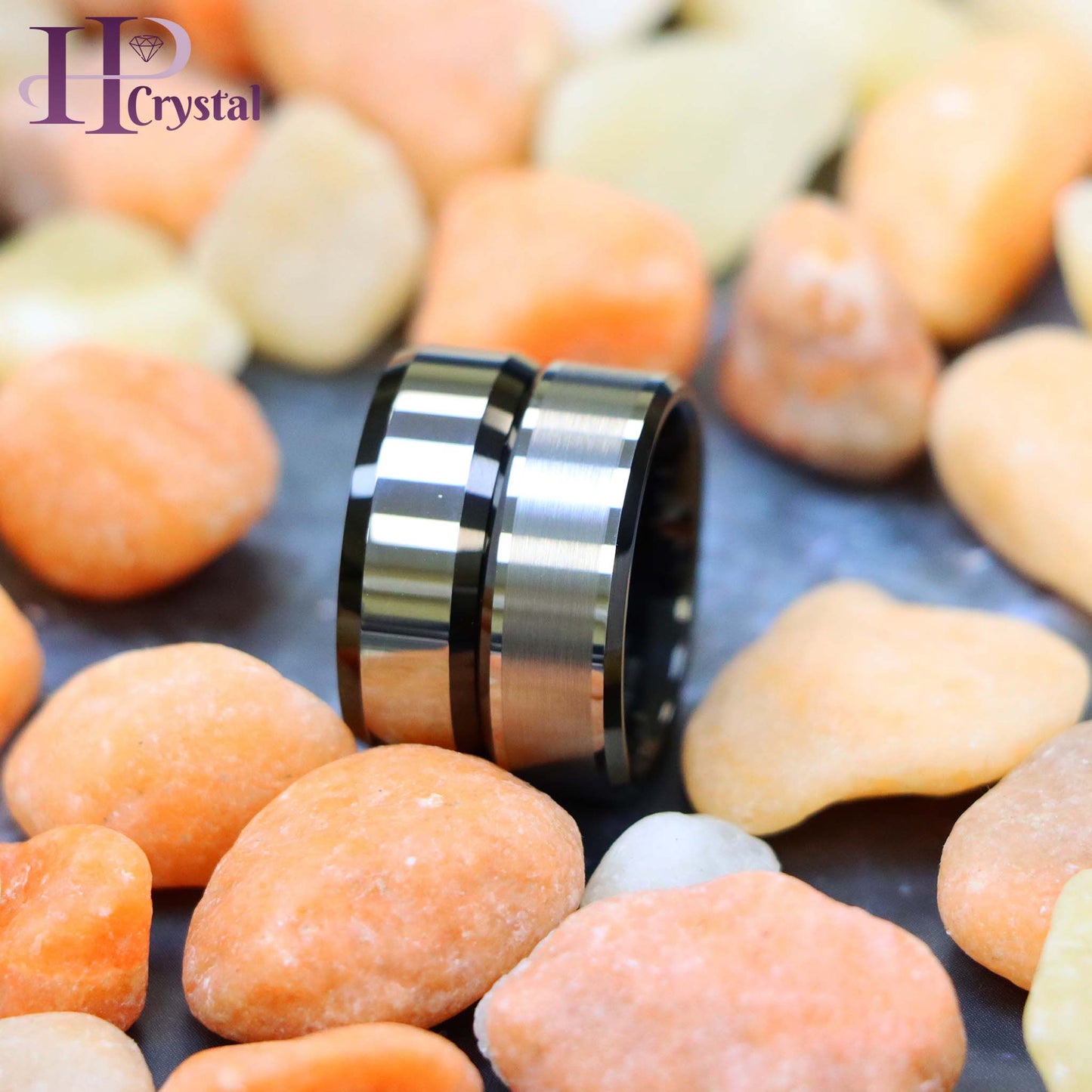 Flat High Polish with Black IP Plated Beveled Edge Tungsten Ring Brushed Center Beveled Edge Tungsten Ring