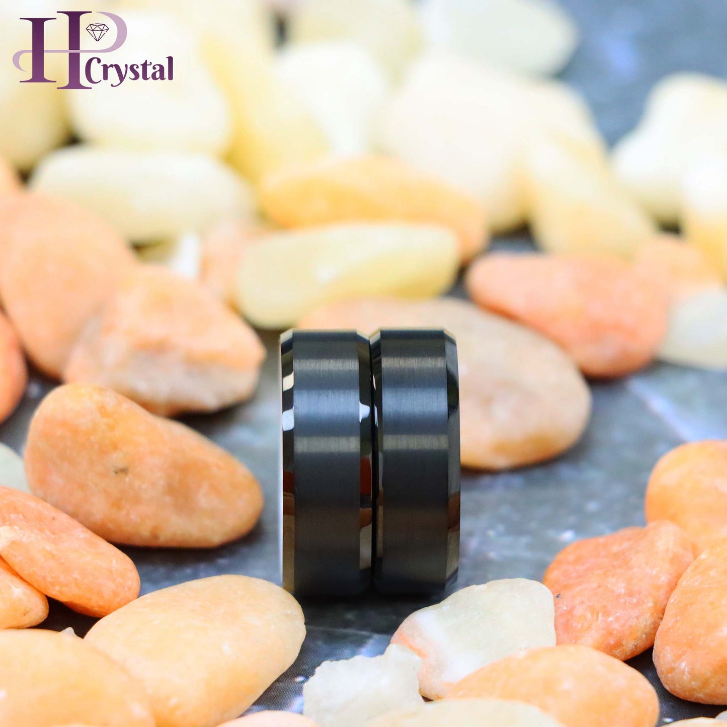 Black Plated Beveled Edge with ORANGE Anodized Aluminum Sleeve Tungsten Ring, White Ceramic Sleeve Tungsten Ring