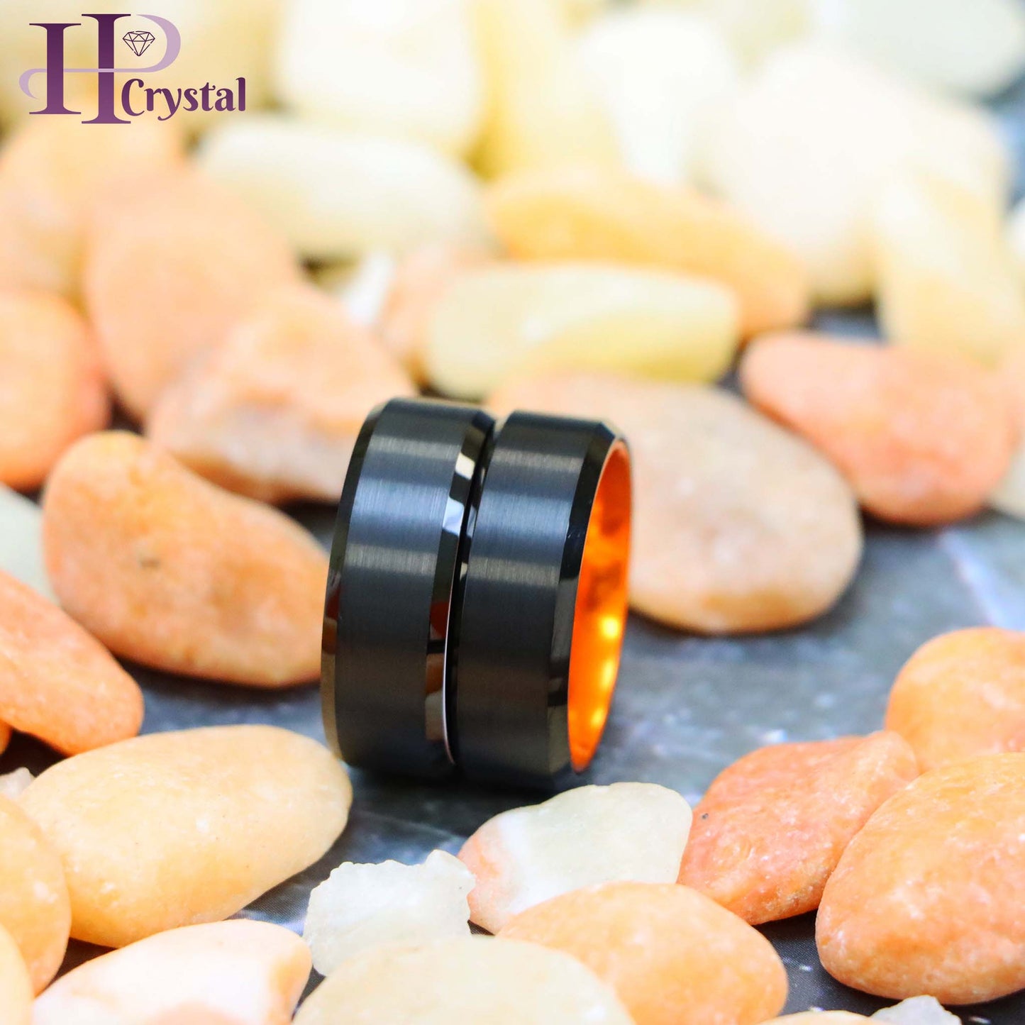 Black Plated Beveled Edge with ORANGE Anodized Aluminum Sleeve Tungsten Ring, White Ceramic Sleeve Tungsten Ring