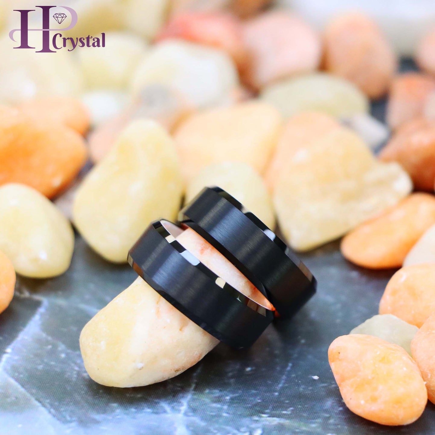 Black Plated Beveled Edge with ORANGE Anodized Aluminum Sleeve Tungsten Ring, White Ceramic Sleeve Tungsten Ring