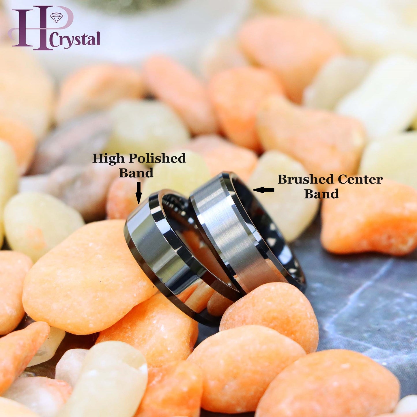 Flat High Polish with Black IP Plated Beveled Edge Tungsten Ring Brushed Center Beveled Edge Tungsten Ring