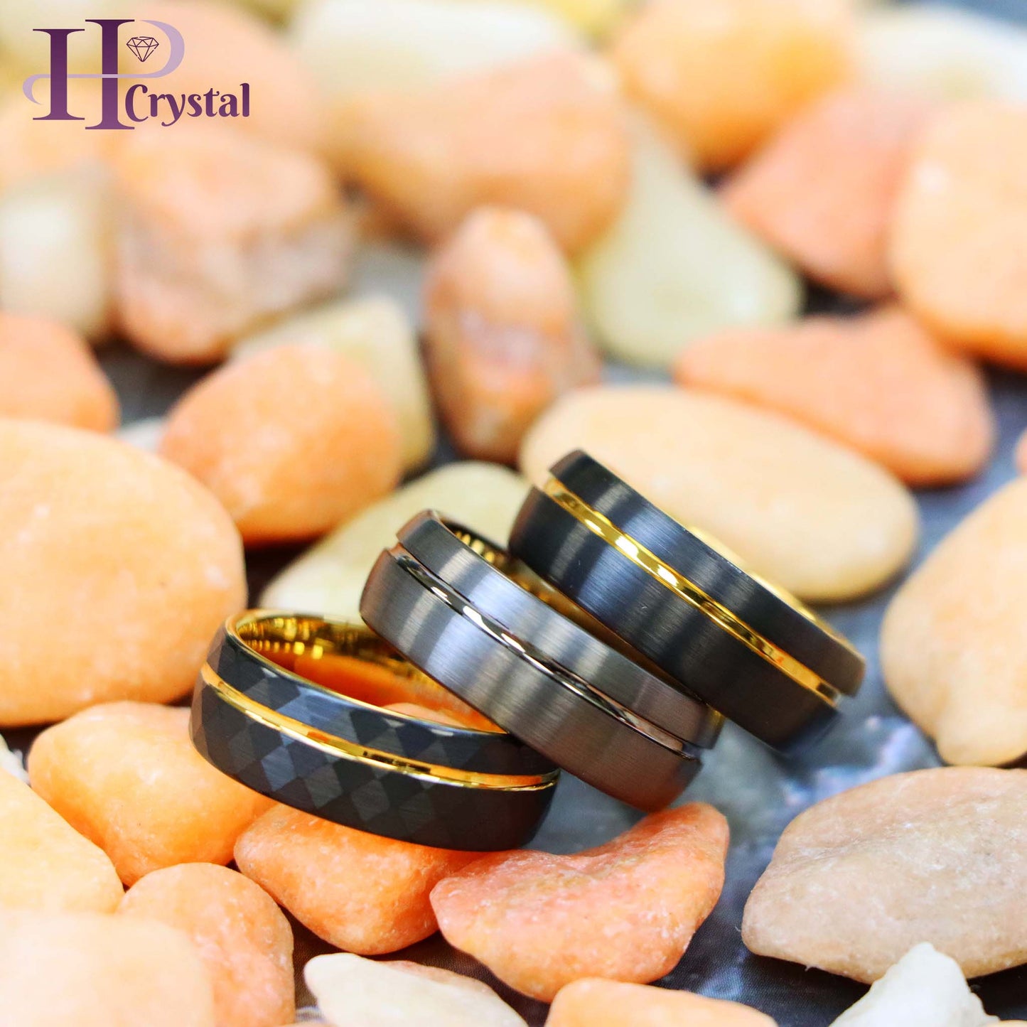 Domed Gun Metal IP Plated / Yellow Gold & Faceted Black IP Plated Ring with Off-center Groove