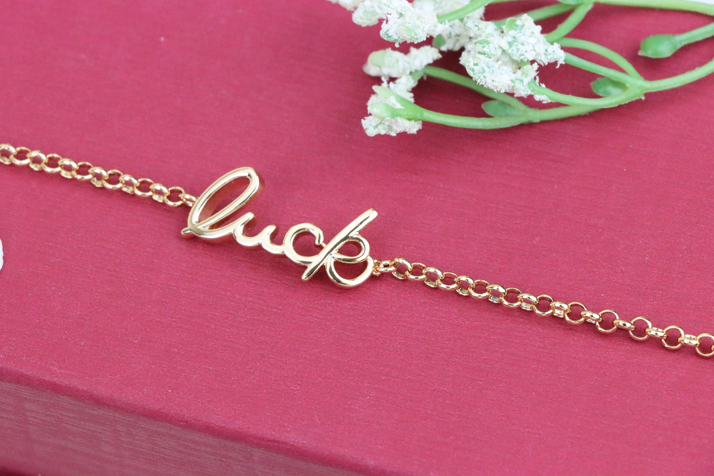 Elegant "Luck" Script Rose Gold Bracelet with Adjustable Chain, XPBL1105 (2111-4)