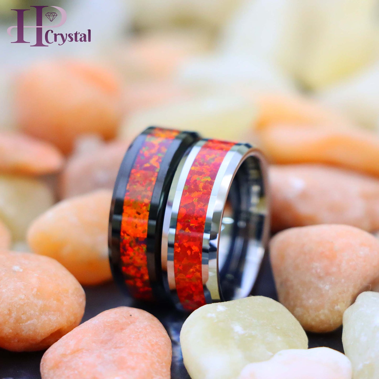 Silver / Black IP Plated Synthetic Red Fire Opal Inlay Beveled Edge Tungsten Ring