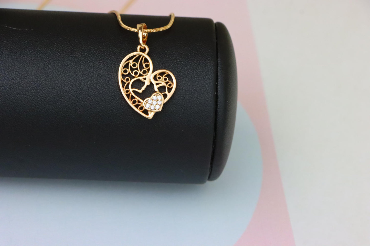 Rose Gold Heart Pendant Featuring Mother & Child with Crystal Accent, XPPT1864 (2157-7)