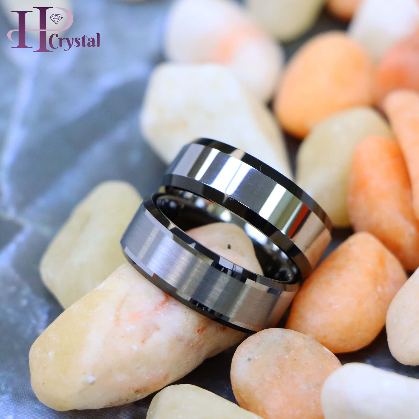 Flat High Polish with Black IP Plated Beveled Edge Tungsten Ring Brushed Center Beveled Edge Tungsten Ring