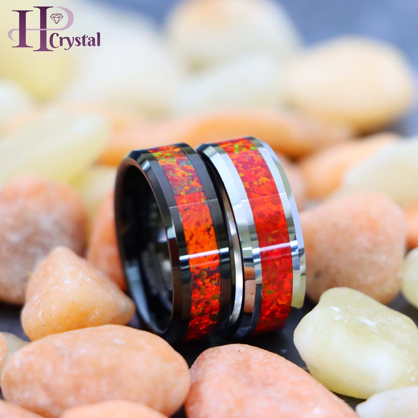 Silver / Black IP Plated Synthetic Red Fire Opal Inlay Beveled Edge Tungsten Ring