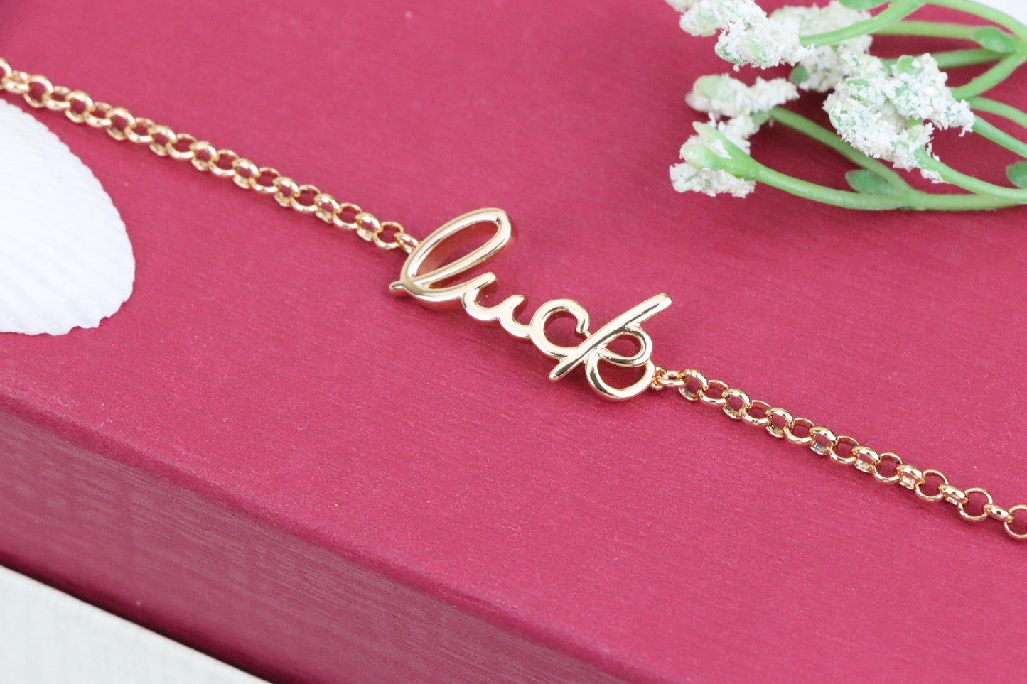 Elegant "Luck" Script Rose Gold Bracelet with Adjustable Chain, XPBL1105 (2111-4)