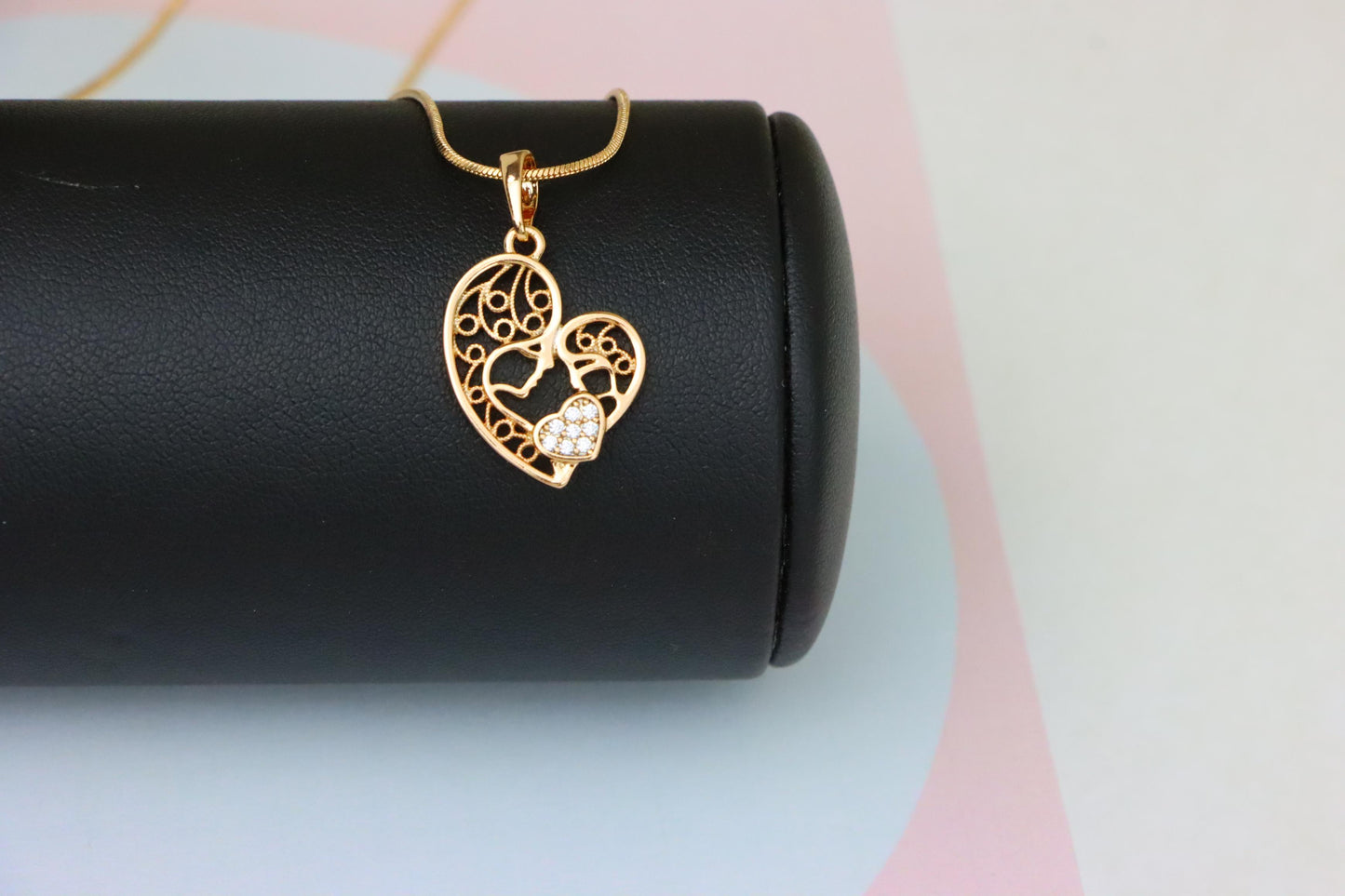 Rose Gold Heart Pendant Featuring Mother & Child with Crystal Accent, XPPT1864 (2157-7)