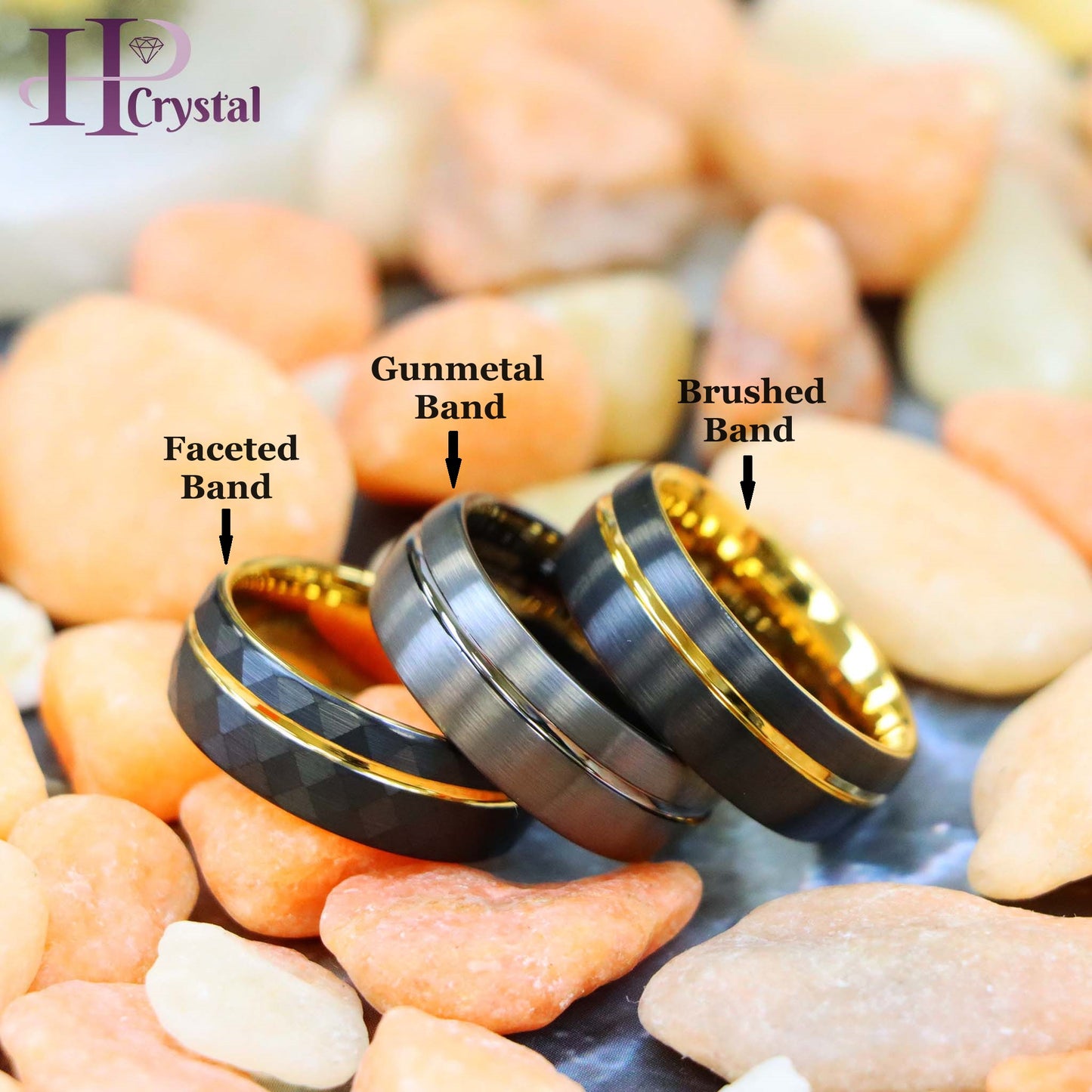 Domed Gun Metal IP Plated / Yellow Gold & Faceted Black IP Plated Ring with Off-center Groove