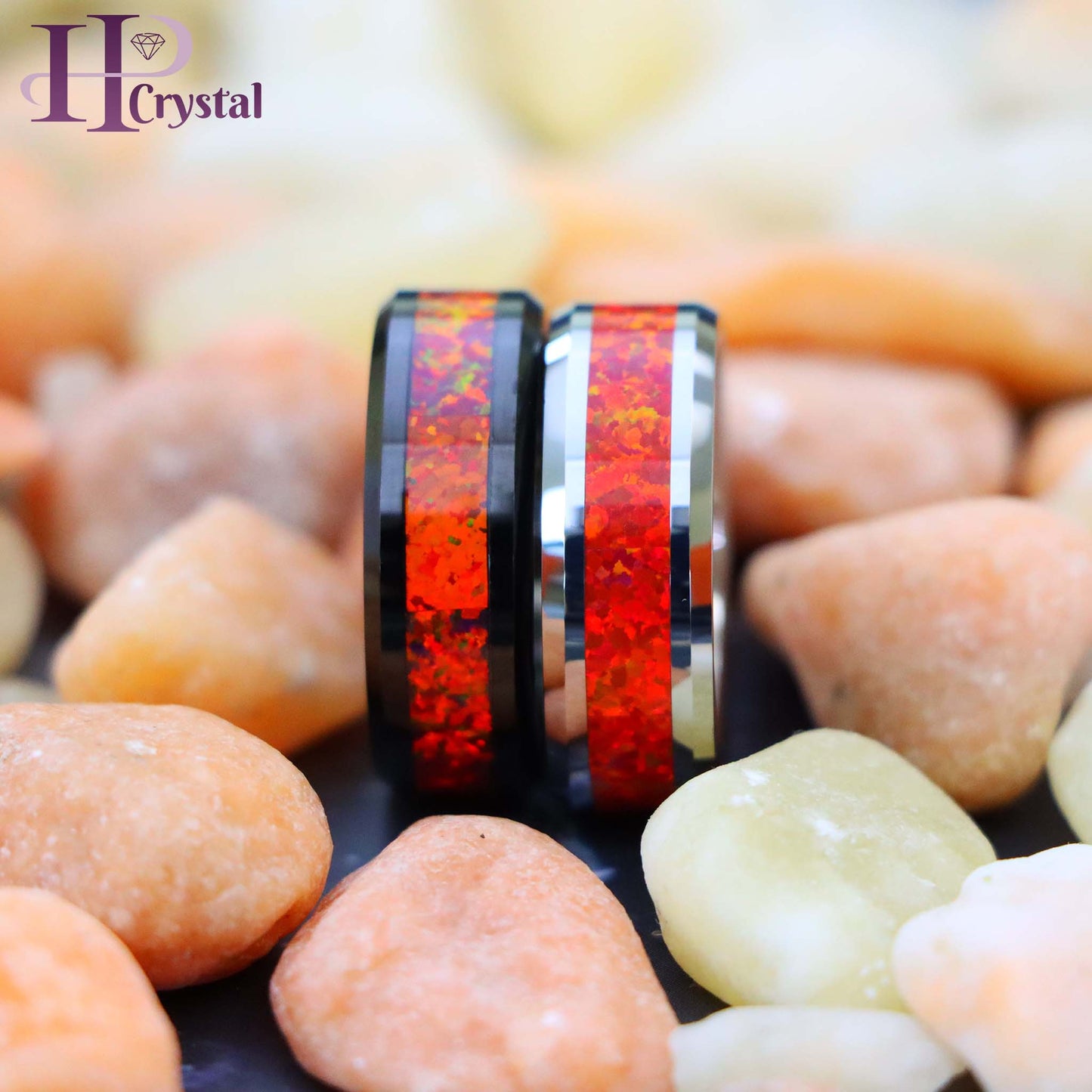 Silver / Black IP Plated Synthetic Red Fire Opal Inlay Beveled Edge Tungsten Ring