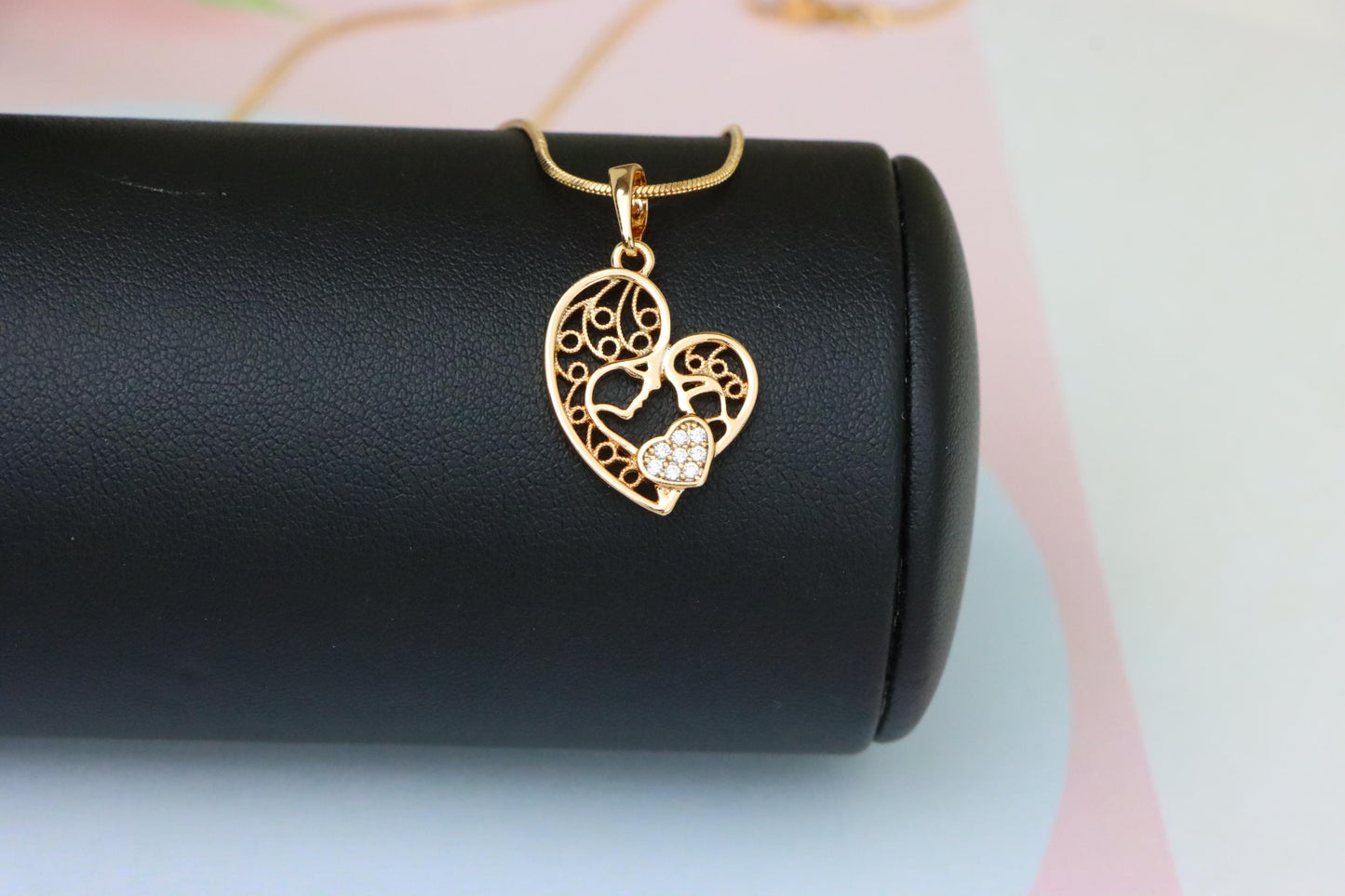 Rose Gold Heart Pendant Featuring Mother & Child with Crystal Accent, XPPT1864 (2157-7)