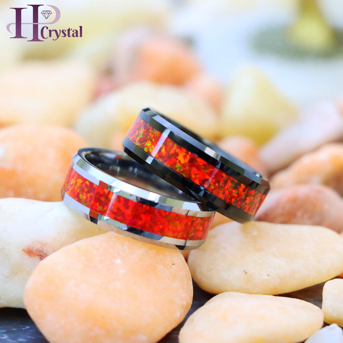 Silver / Black IP Plated Synthetic Red Fire Opal Inlay Beveled Edge Tungsten Ring