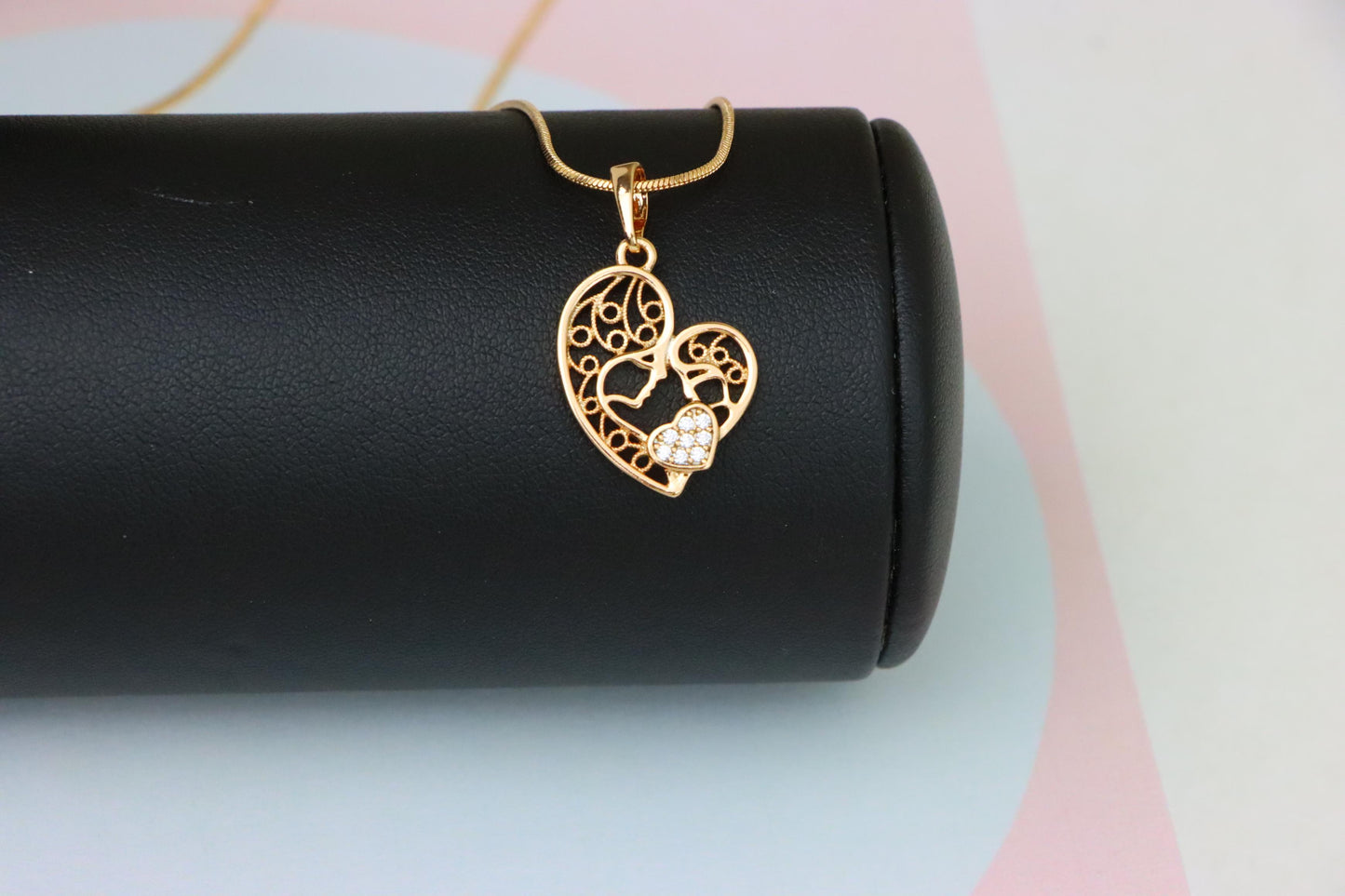 Rose Gold Heart Pendant Featuring Mother & Child with Crystal Accent, XPPT1864 (2157-7)
