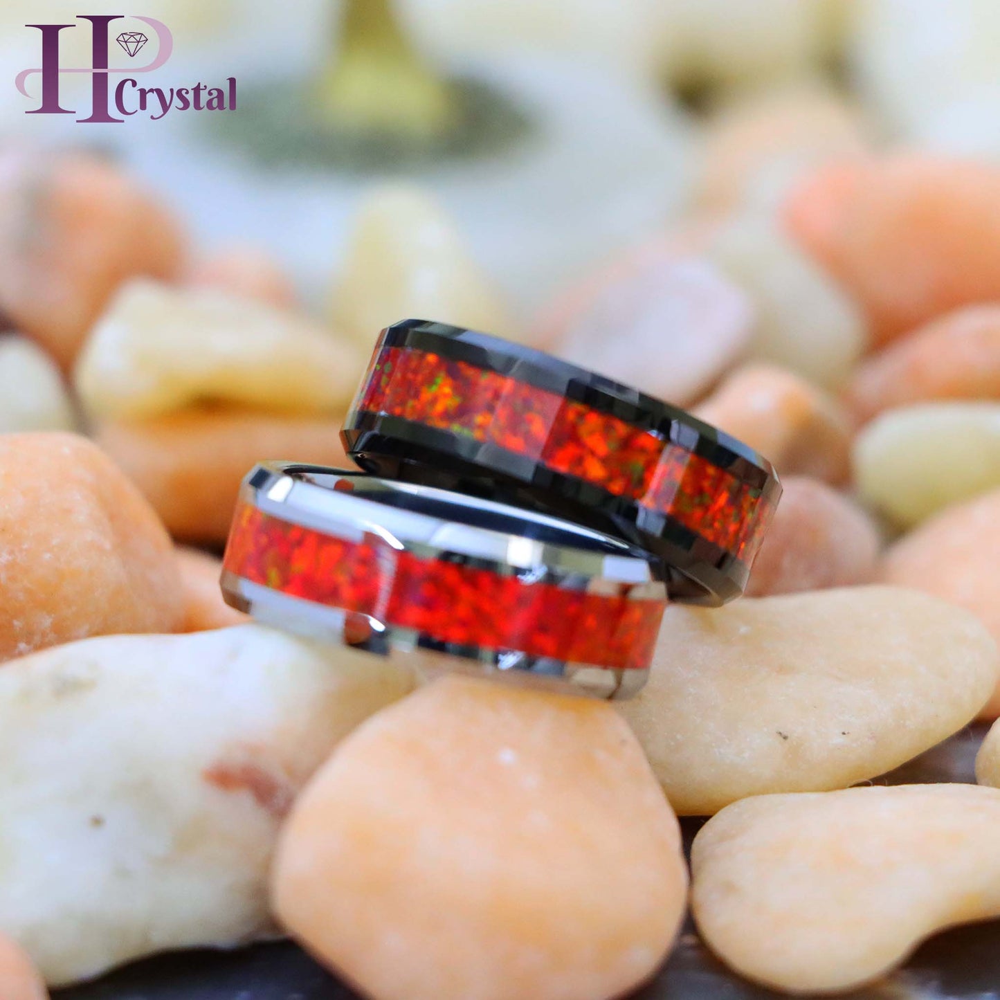 Silver / Black IP Plated Synthetic Red Fire Opal Inlay Beveled Edge Tungsten Ring