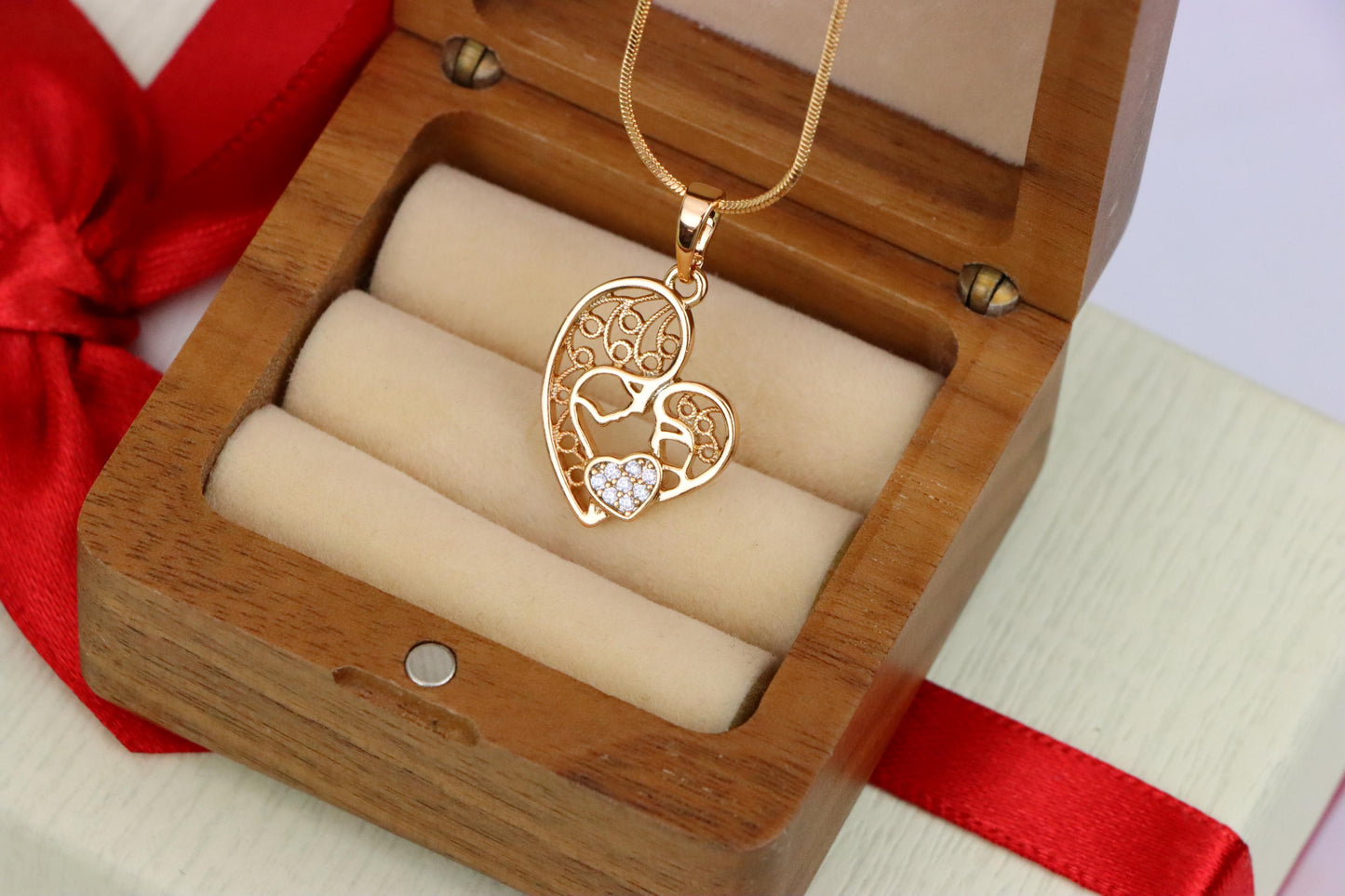 Rose Gold Heart Pendant Featuring Mother & Child with Crystal Accent, XPPT1864 (2157-7)