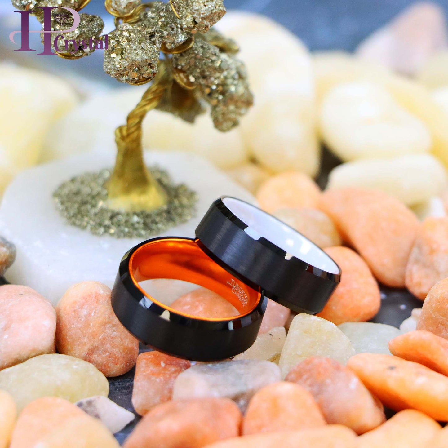 Black Plated Beveled Edge with ORANGE Anodized Aluminum Sleeve Tungsten Ring, White Ceramic Sleeve Tungsten Ring