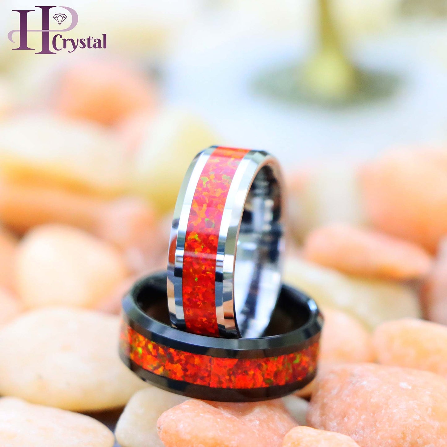 Silver / Black IP Plated Synthetic Red Fire Opal Inlay Beveled Edge Tungsten Ring