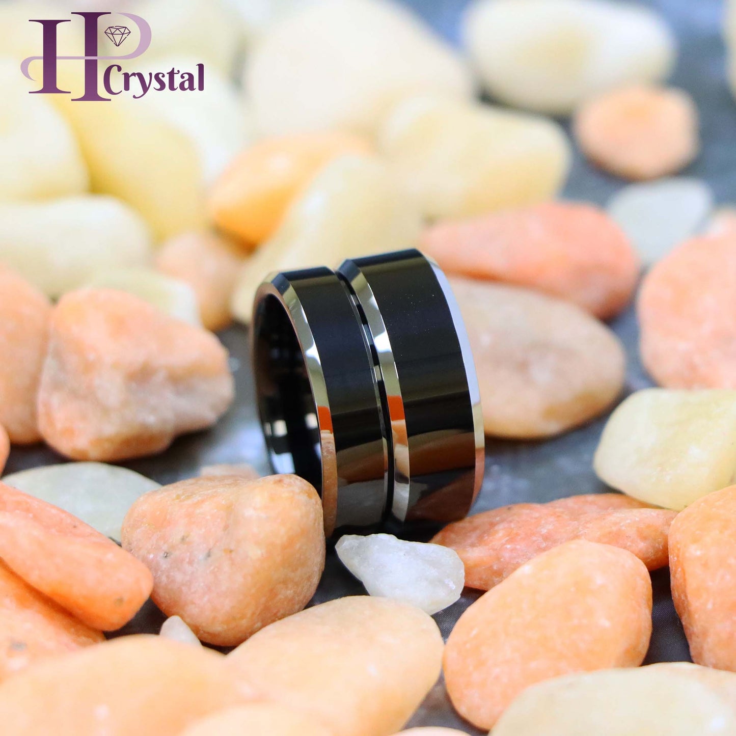 Black IP Plated Center High Polished Steel Color Beveled Edge Tungsten Ring