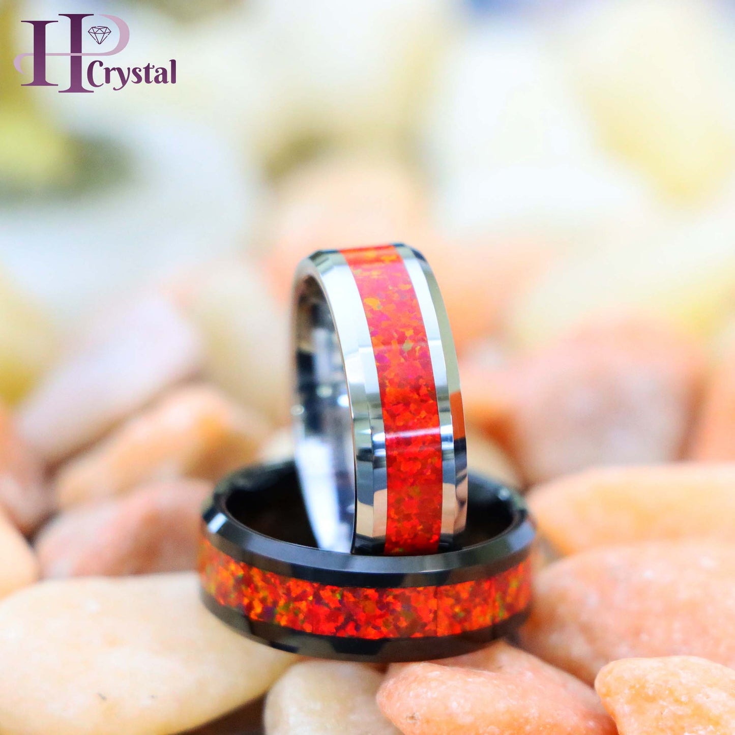Silver / Black IP Plated Synthetic Red Fire Opal Inlay Beveled Edge Tungsten Ring