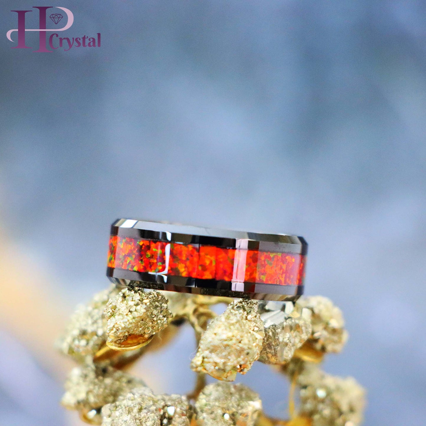 Silver / Black IP Plated Synthetic Red Fire Opal Inlay Beveled Edge Tungsten Ring