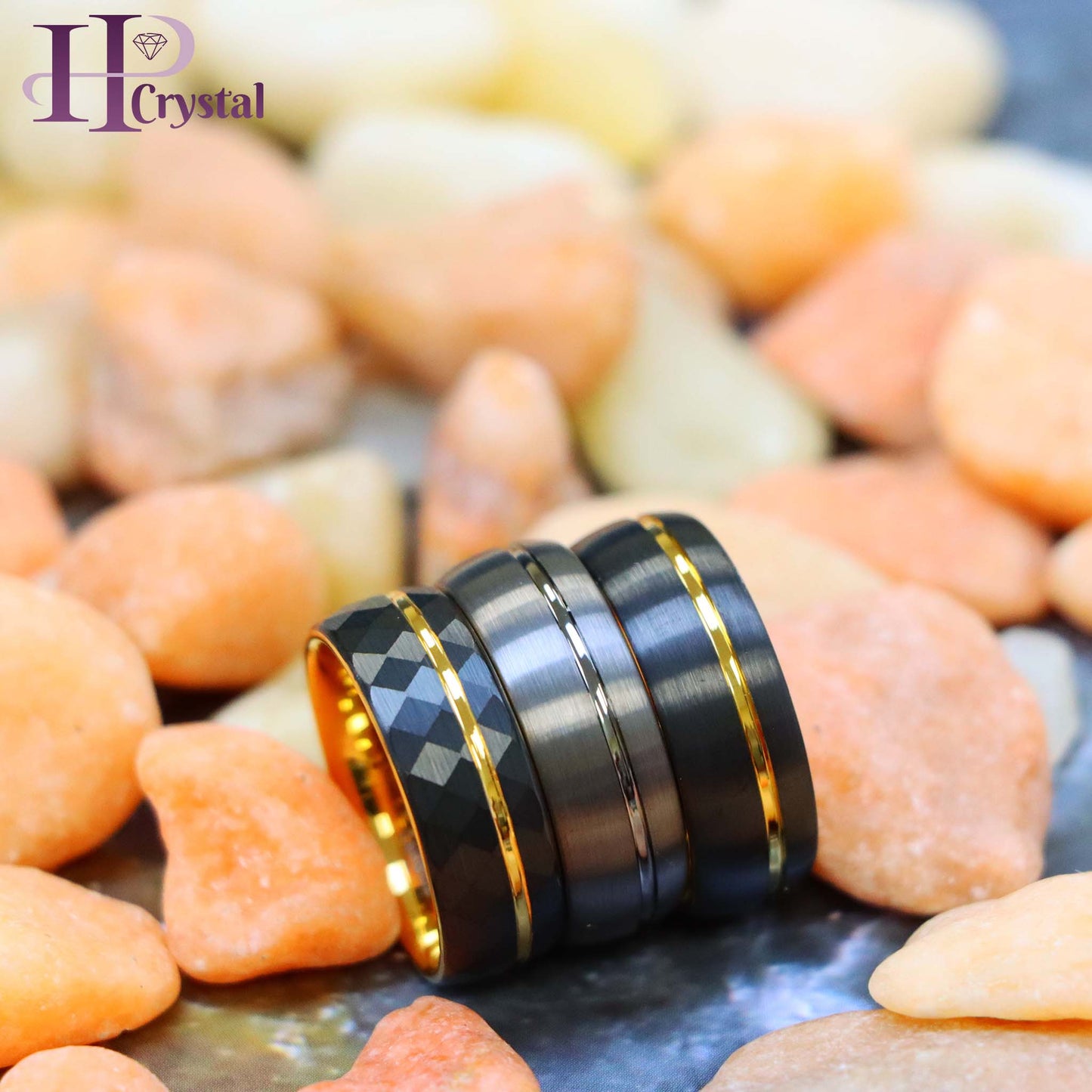 Domed Gun Metal IP Plated / Yellow Gold & Faceted Black IP Plated Ring with Off-center Groove