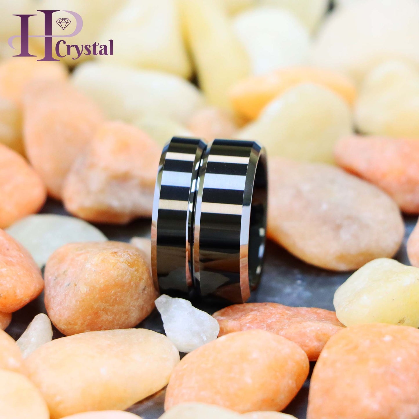 Black IP Plated Center High Polished Steel Color Beveled Edge Tungsten Ring