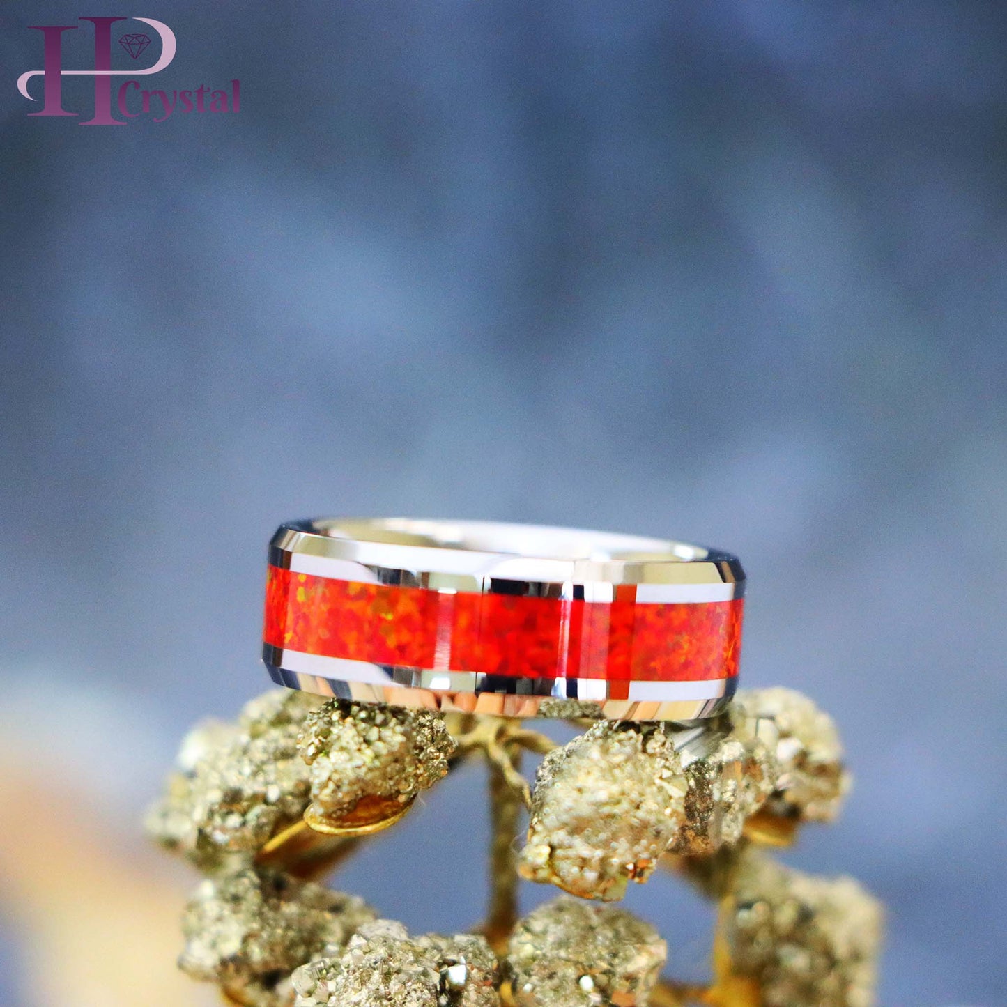 Silver / Black IP Plated Synthetic Red Fire Opal Inlay Beveled Edge Tungsten Ring
