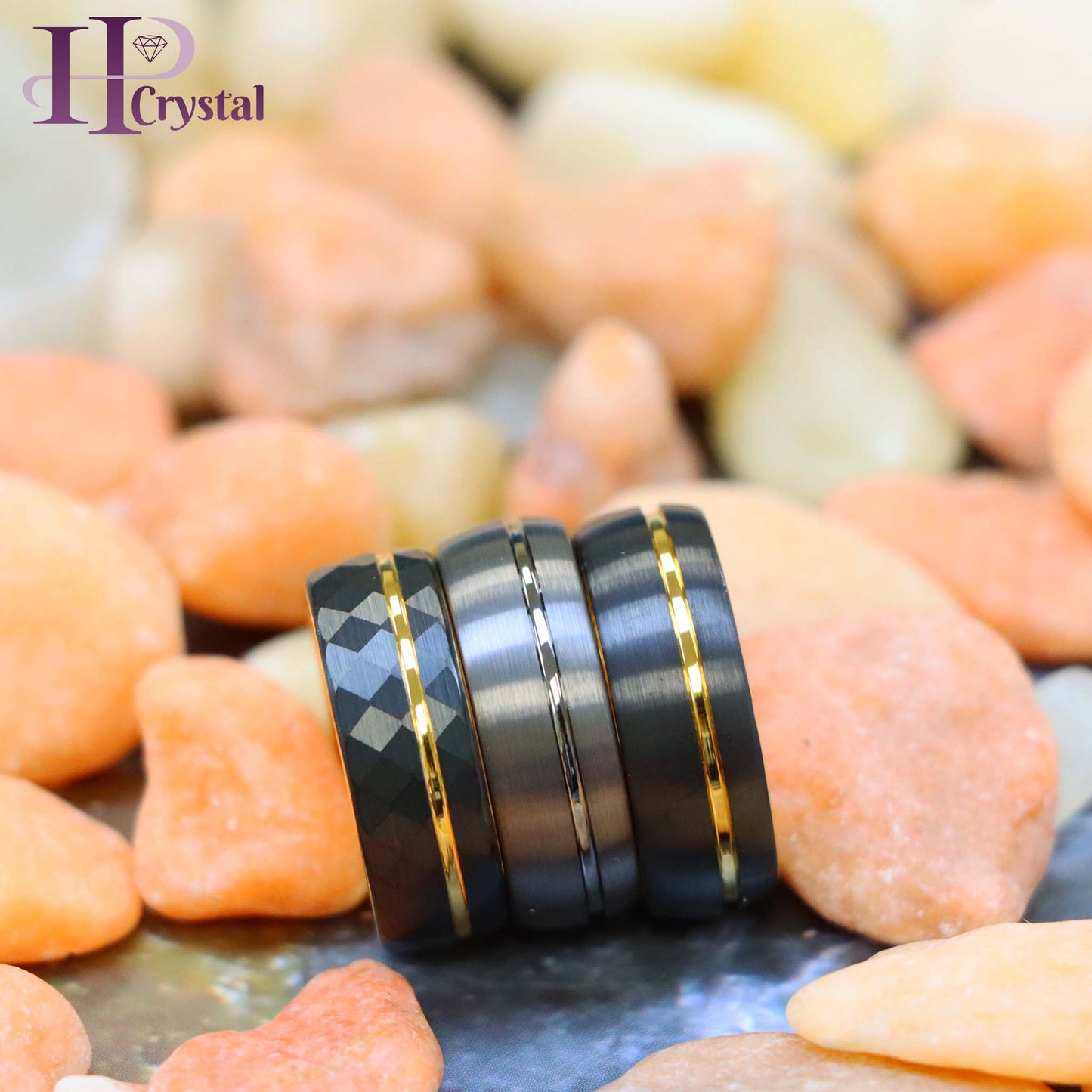 Domed Gun Metal IP Plated / Yellow Gold & Faceted Black IP Plated Ring with Off-center Groove