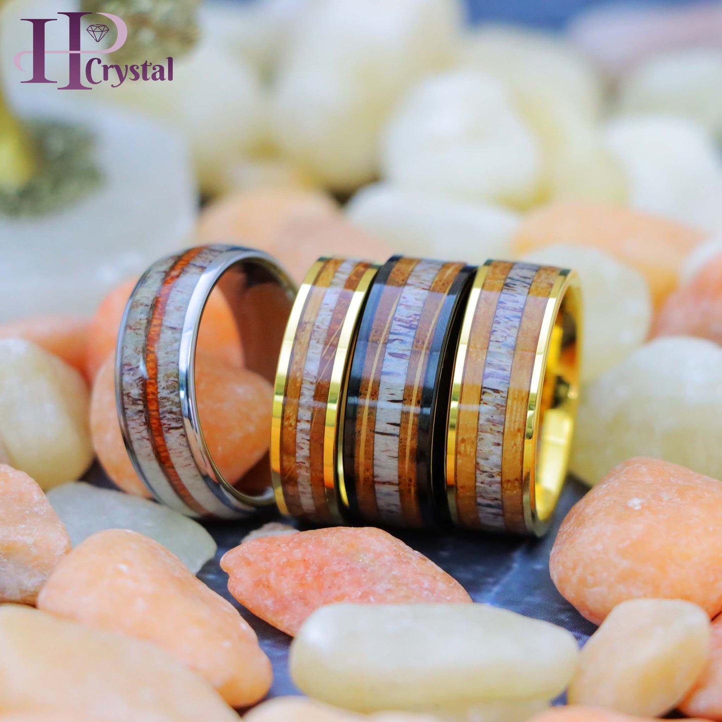 Gold & Silver IP Tungsten Ring – Whiskey Barrel & Deer Antler Inlay