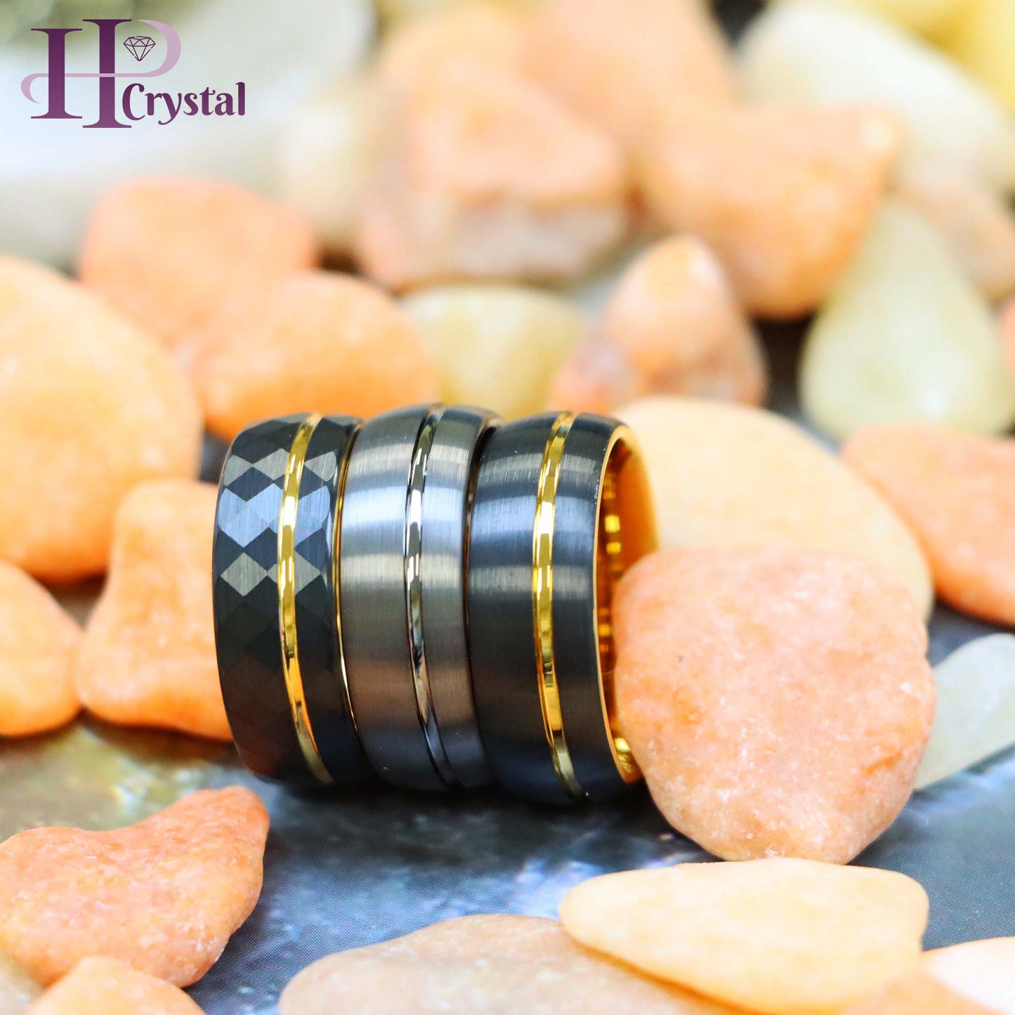 Domed Gun Metal IP Plated / Yellow Gold & Faceted Black IP Plated Ring with Off-center Groove