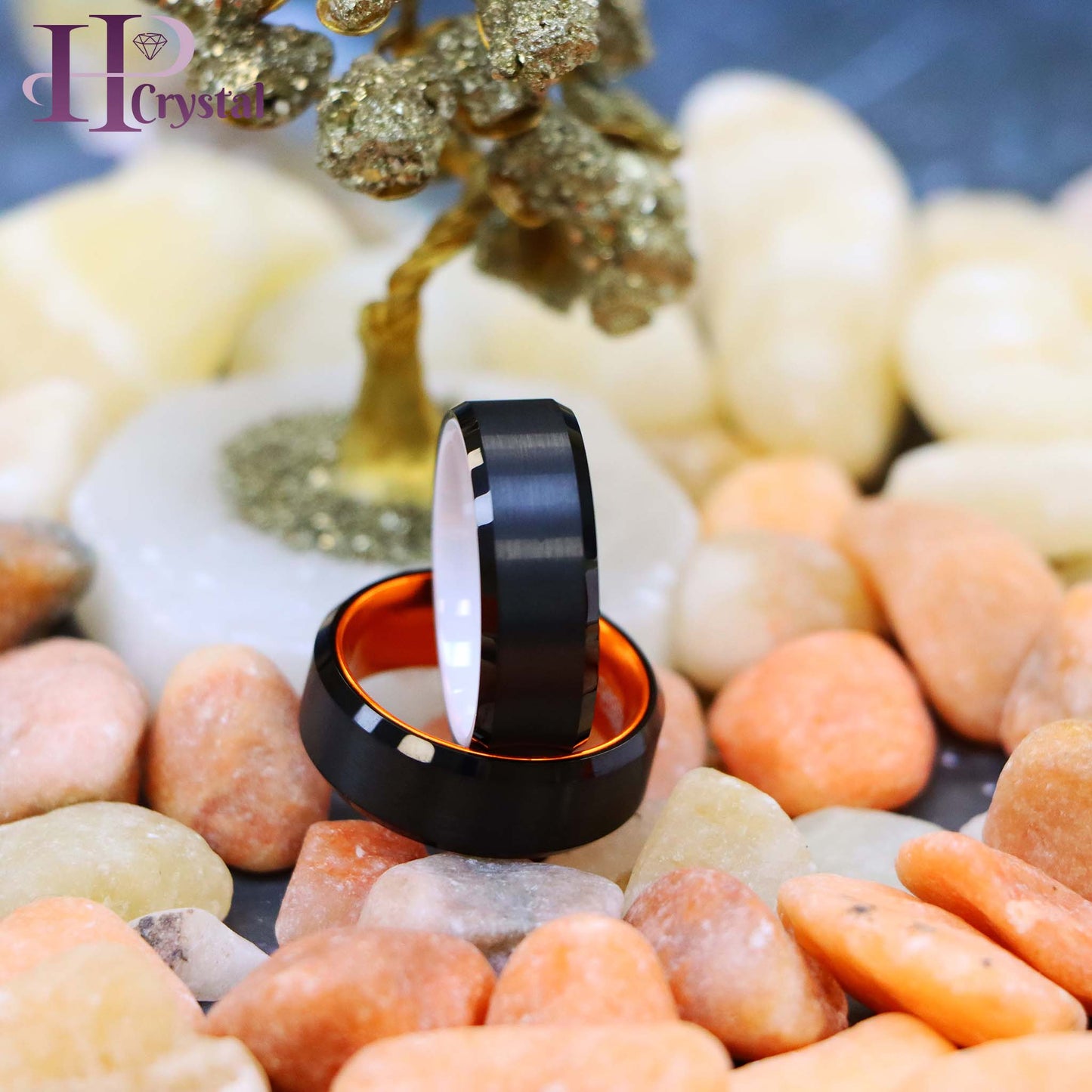 Black Plated Beveled Edge with ORANGE Anodized Aluminum Sleeve Tungsten Ring, White Ceramic Sleeve Tungsten Ring