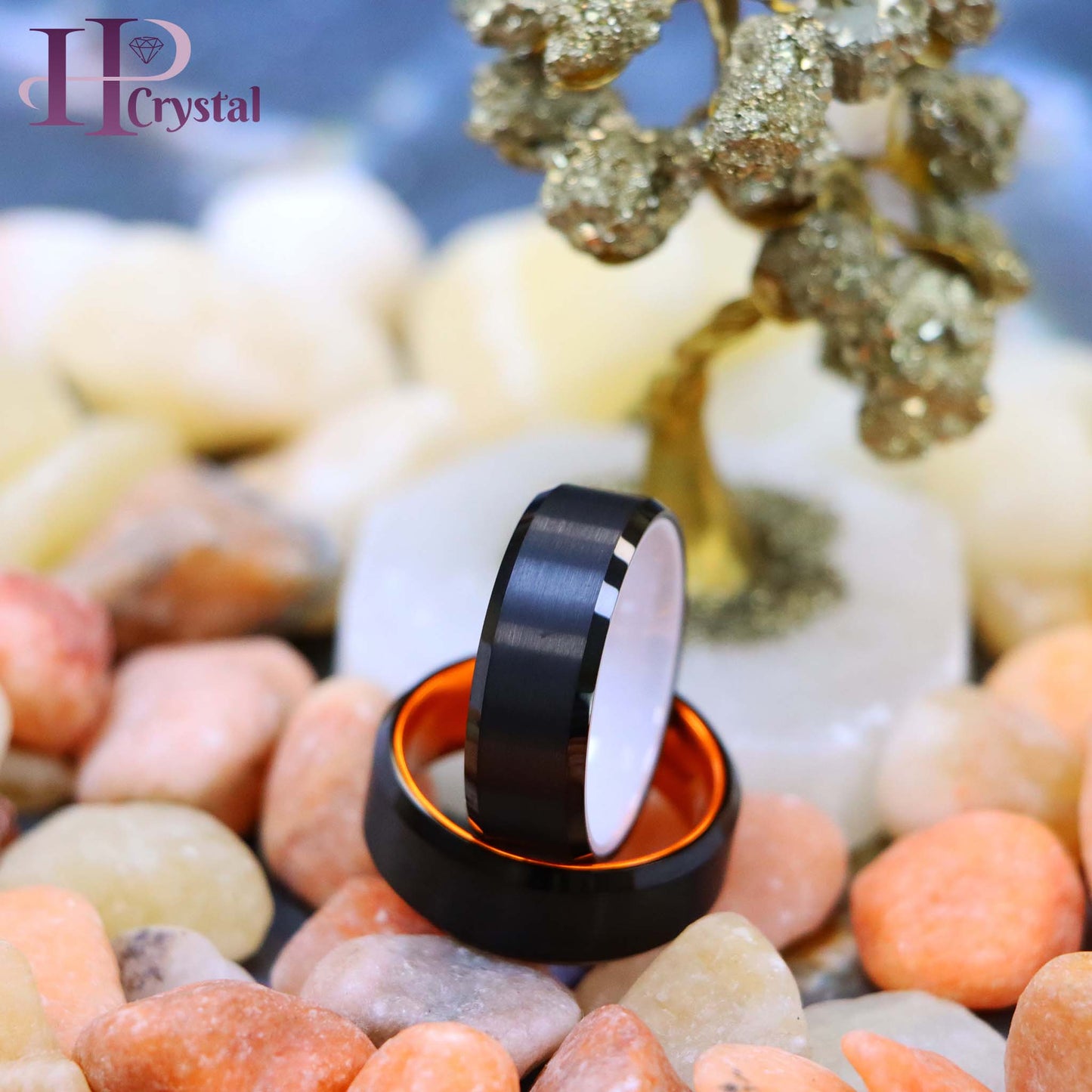 Black Plated Beveled Edge with ORANGE Anodized Aluminum Sleeve Tungsten Ring, White Ceramic Sleeve Tungsten Ring