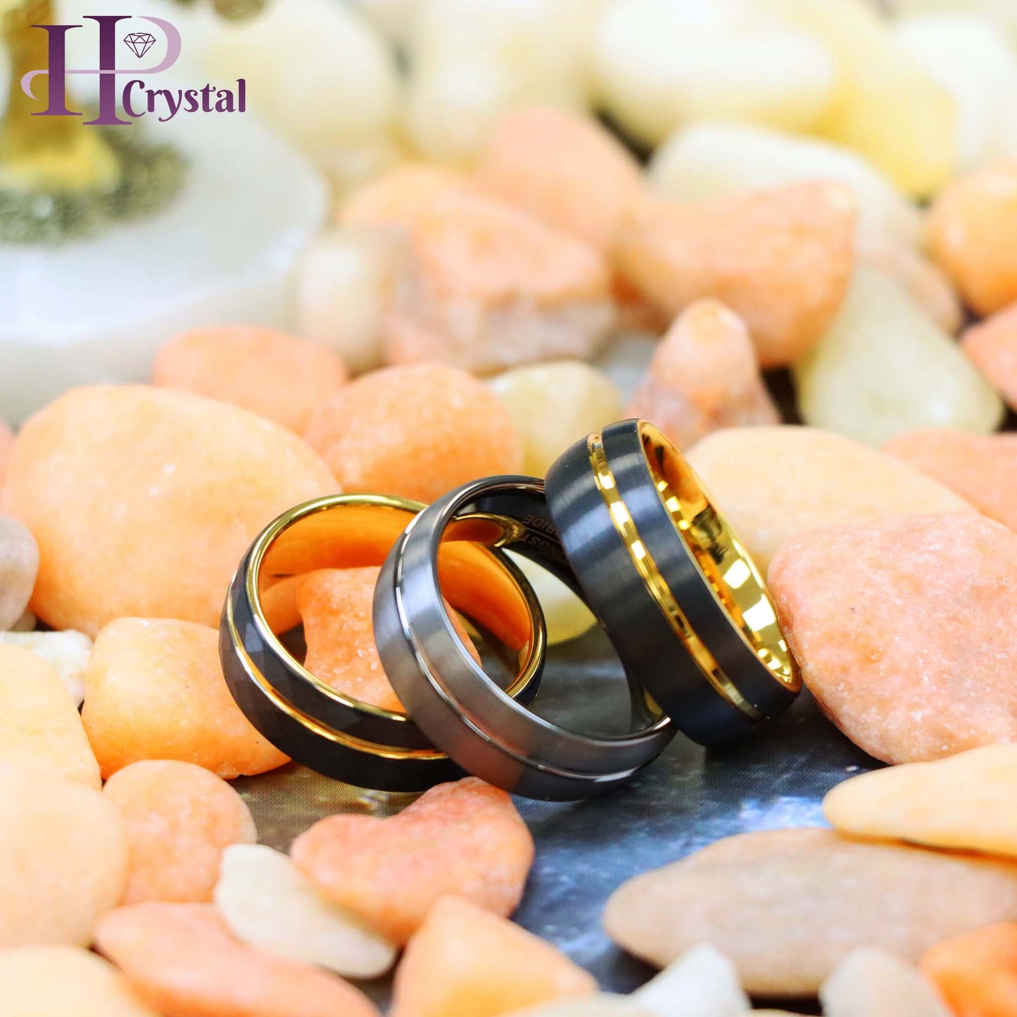Domed Gun Metal IP Plated / Yellow Gold & Faceted Black IP Plated Ring with Off-center Groove