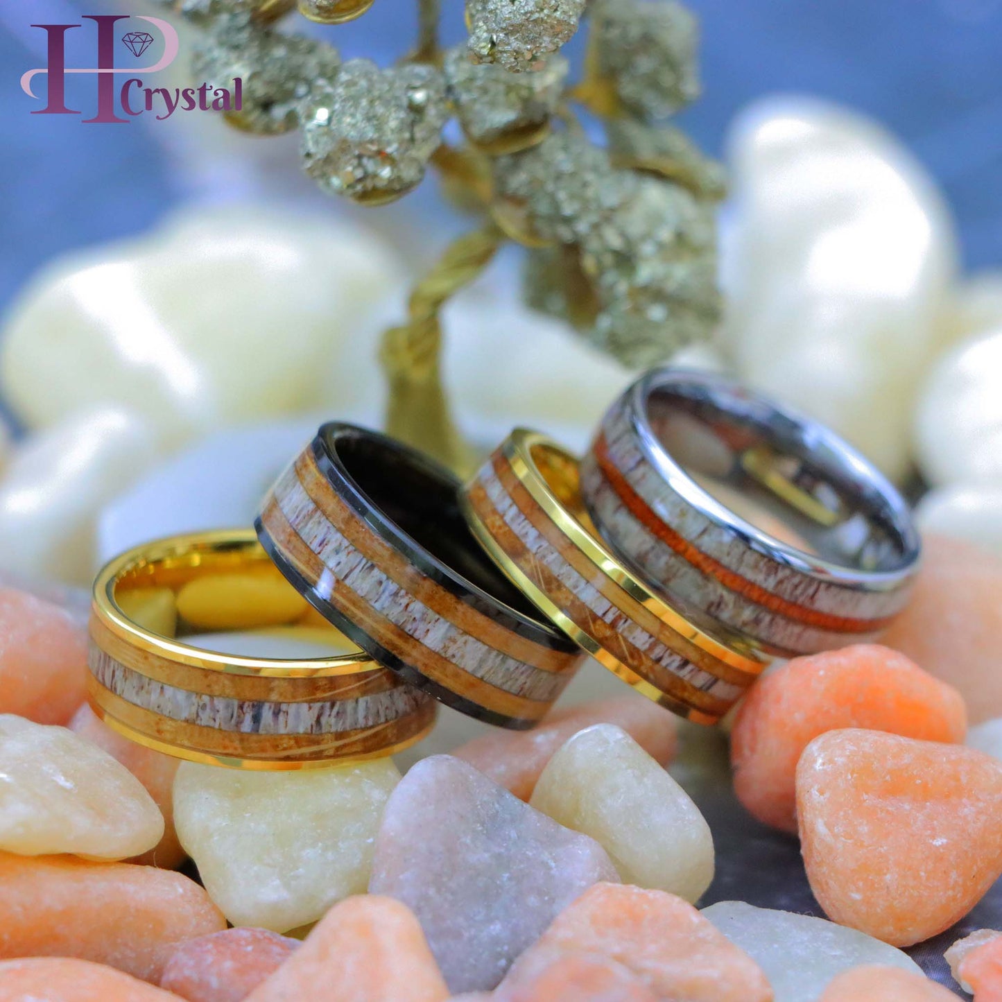 Gold & Silver IP Tungsten Ring – Whiskey Barrel & Deer Antler Inlay